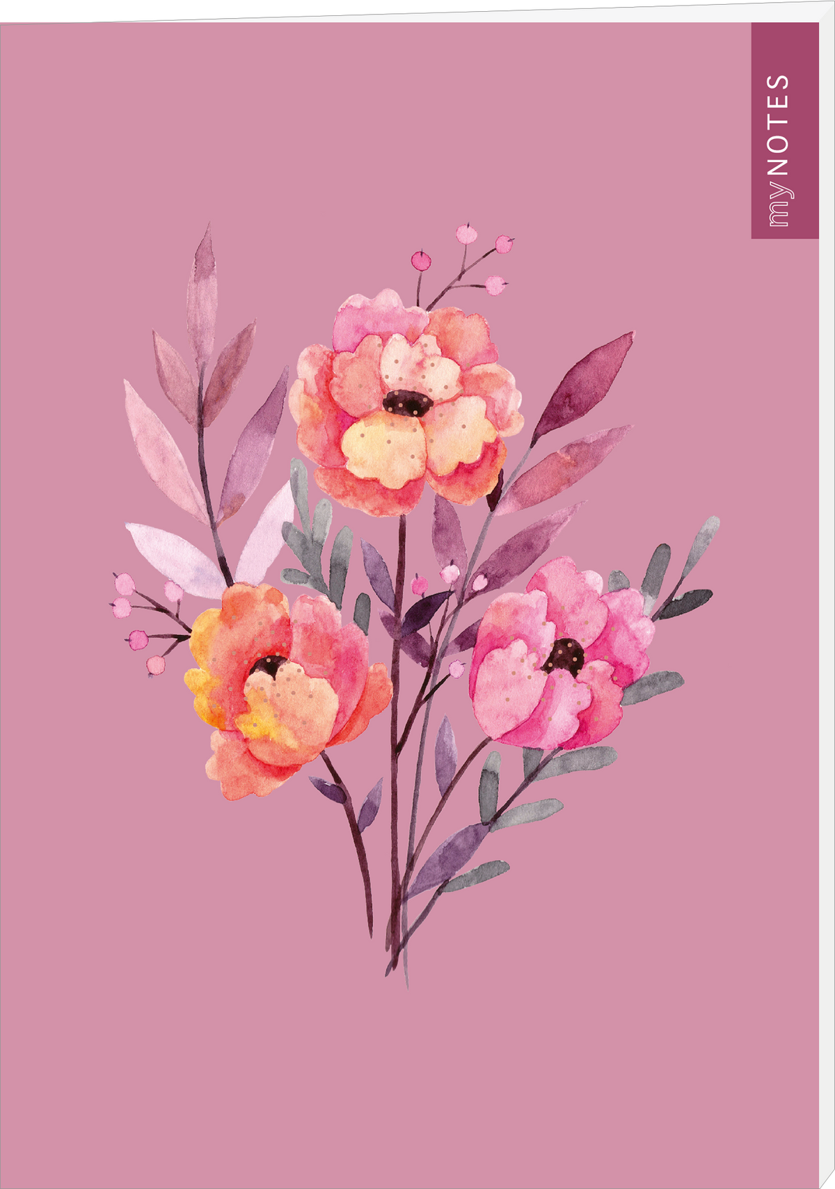 Das Buchcover zeigt ein sanftes, rosa Hintergrunddesign, auf dem ein florales Arrangement in verschiedenen Rosatönen abgebildet ist. Die Blüten sind lebendig und detailreich gestaltet, umrahmt von zarten grünen Blättern und Stängeln. In der oberen Ecke rechts steht in auffälliger Schrift „my NOTES“. Die Gesamtgestaltung vermittelt eine fröhliche und einladende Atmosphäre. Ganz unten mittig steht der Logoschriftzug von arsEdition.