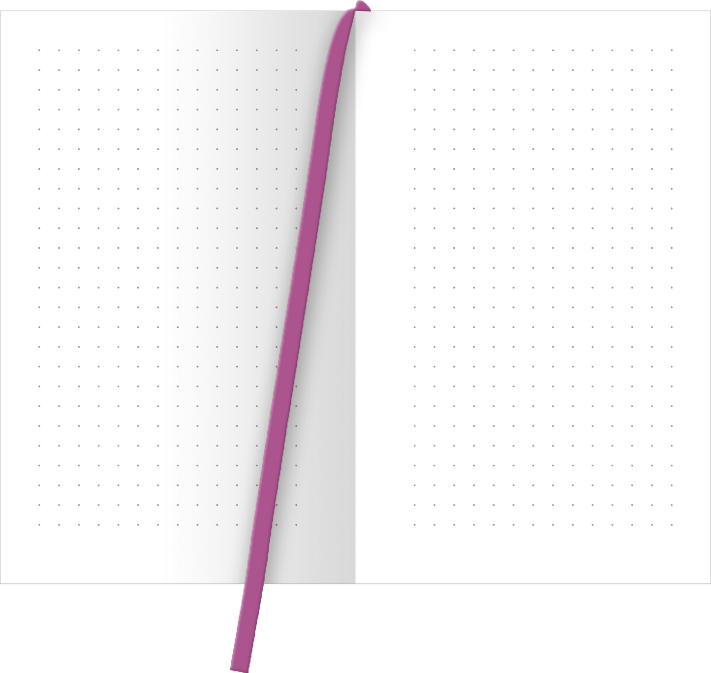 Gezeigt wird eine Innenansicht von „myNOTES Papeterie: Notizbuch A6 Blumenträume“. Die Doppelseite besteht aus einem klaren, weißen Hintergrund mit dezenten, gleichmäßig verteilten Punkten in hellem Grauton, die das Schreiben erleichtern. Die Bindung ist durch ein lila Lesezeichen hervorgehoben, das einen lebendigen Akzent setzt. Die Typografie ist schlicht und gut lesbar, ideal für Notizen und kreative Entwürfe.