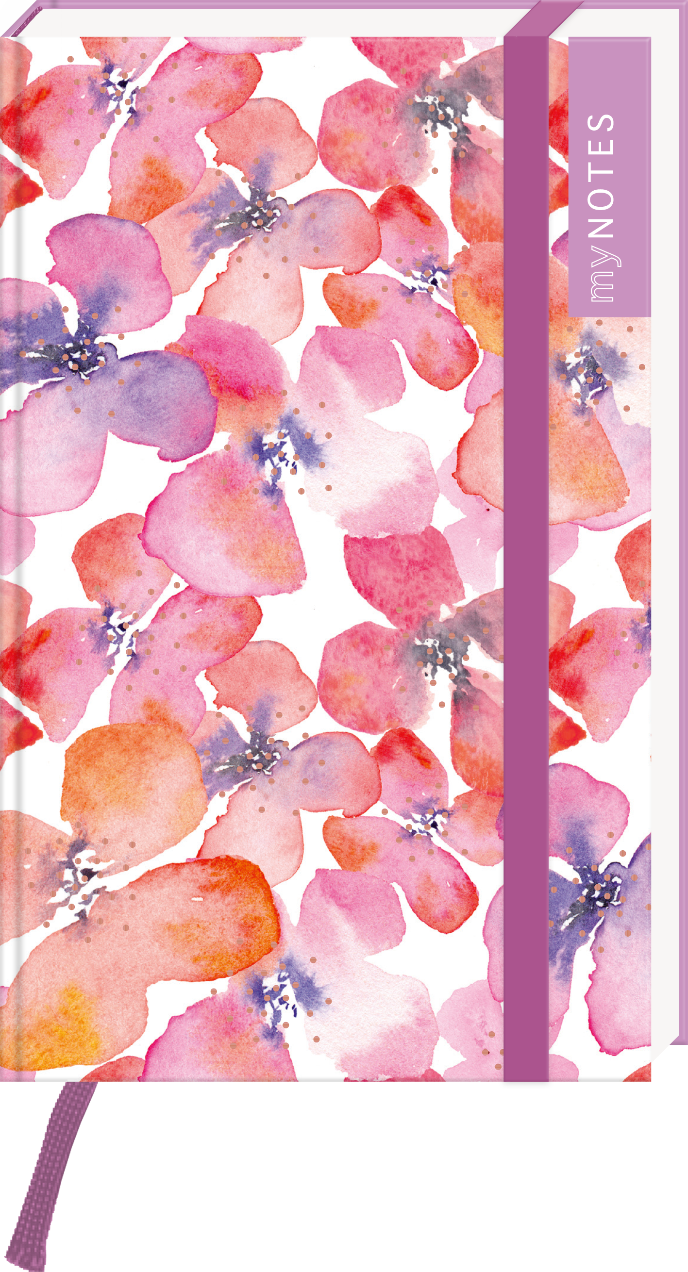 Das Buchcover zeigt ein florales Muster mit Aquarellblumen in sanften Farbtönen von Rosa, Lila und Orange auf einem weißen Hintergrund. Die Blumen sind üppig angeordnet, was eine freundliche und einladende Atmosphäre vermittelt. Auf der rechten Seite befindet sich eine schmale, lila Farbschiene mit der Aufschrift „my NOTES“ in einer elegant modernen Schrift. Ganz unten mittig steht der Logoschriftzug von arsEdition.