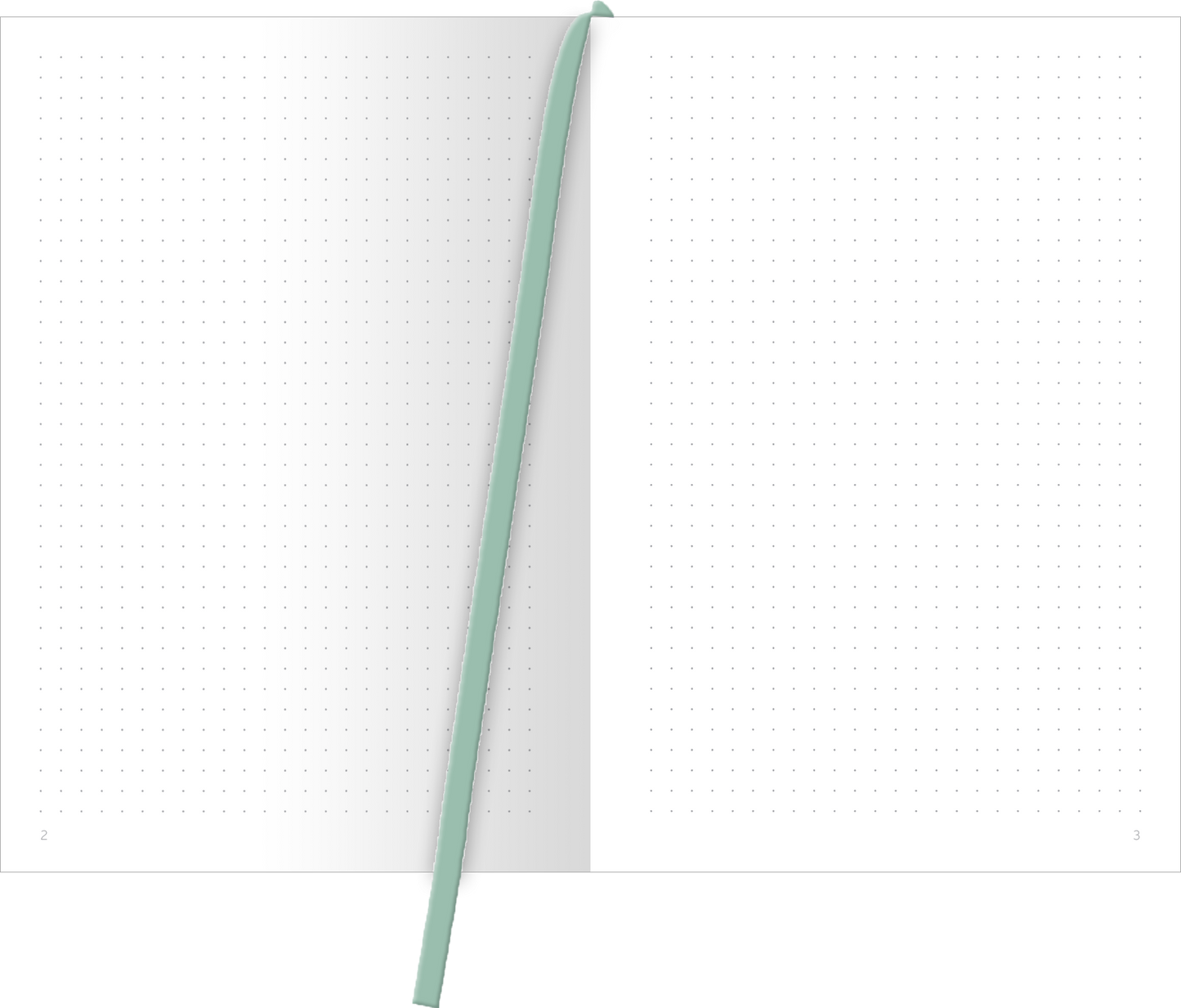 Gezeigt wird eine Innen- oder Zusatzansicht von „myNOTES Papeterie: Notizbuch A5 Blumenträume“. Die Ansicht zeigt zwei leere Seiten mit einem punktierten Muster, ideal für Notizen und Skizzen. Die Seiten sind in einem hellen, sanften Weiß gehalten, während die Bindung und das Lesezeichen in einem zarten Mintton gehalten sind. Die klare und moderne Typografie stellt sicher, dass die Inhalte gut lesbar sind, und bietet eine elegante Ergänzung zu dem blumigen Design des Notizbuchs.