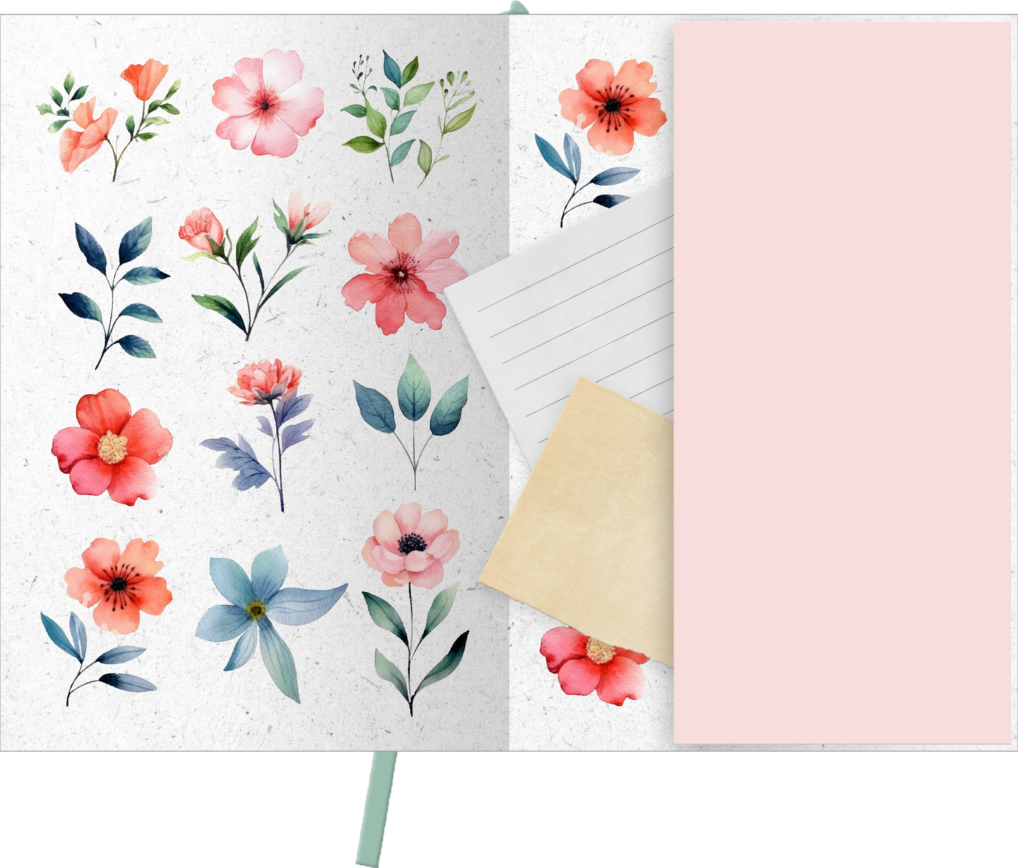 Gezeigt wird eine Innen- oder Zusatzansicht von „myNOTES Papeterie: Notizbuch A5 Blumenträume“. Die Seite zeigt ein sanftes, pastellfarbenes Design mit vielfältigen floralen Motiven in Rosa, Blau und Grün. Die Illustrationen sind auf einem hellen, strukturierten Hintergrund angeordnet und vermitteln einen fröhlichen, lebendigen Eindruck. Zusätzlich befindet sich ein gepunkteter Notizzettel in Beigefarben, während eine rosa Seite als Platz für persönliche Eintragungen vorgesehen ist.