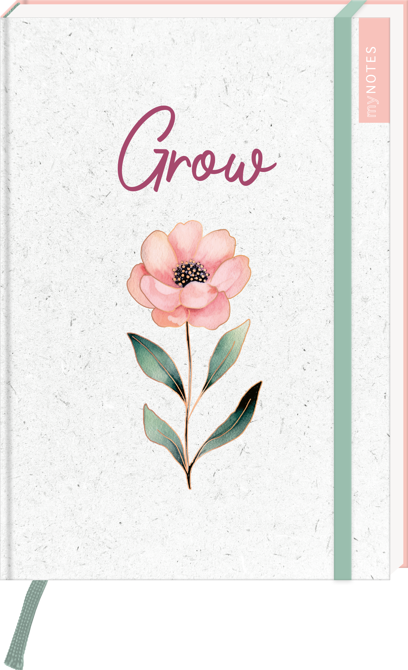 Das Buchcover zeigt auf einem strukturierten, hellen Hintergrund eine zarte, rosa Blume mit grünen Blättern. Der Titel „Grow“ ist in einer eleganten, geschwungenen Schrift in einem tiefen Violett platziert. Am oberen Rand des Covers wirkt die Gestaltung harmonisch und freundlich, was eine positive und einladende Atmosphäre vermittelt. In der oberen rechten Ecke ist ein schmaler, heller Schriftzug „my NOTES“ zu sehen. Ganz unten mittig steht der Logoschriftzug von arsEdition.