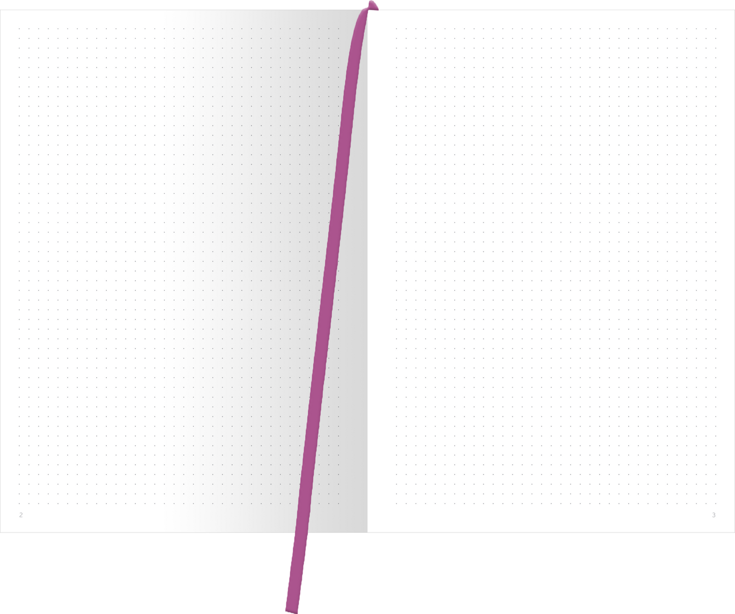 Gezeigt wird eine Innen- oder Zusatzansicht von „myNOTES Papeterie: Notizbuch A4 Blumenträume“. Die Seiten sind in einem klaren, weißen Design mit sanften, punktierten Rasterlinien gestaltet. Eine kräftige, lilafarbene Leseband ist sichtbar, das einen farbenfrohen Akzent setzt. Die Typografie auf den Seiten ist schlicht und gut lesbar, ideal zum Notieren von Ideen oder Gedanken. Die insgesamt harmonische Farbgestaltung fördert eine angenehme Schreibatmosphäre.