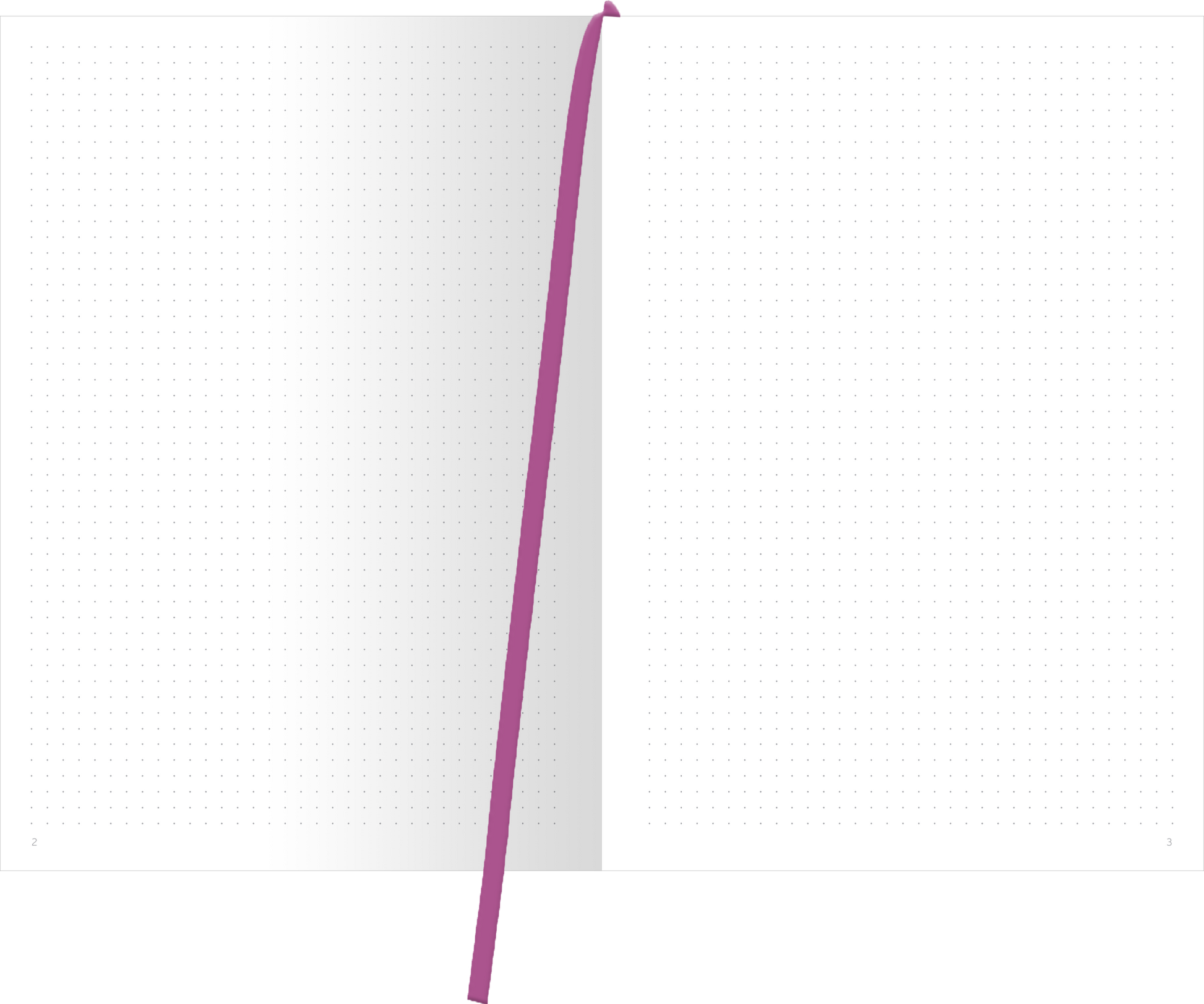 Gezeigt wird eine Innen- oder Zusatzansicht von „myNOTES Papeterie: Notizbuch A4 Blumenträume“. Die Seiten sind in einem klaren, weißen Design mit sanften, punktierten Rasterlinien gestaltet. Eine kräftige, lilafarbene Leseband ist sichtbar, das einen farbenfrohen Akzent setzt. Die Typografie auf den Seiten ist schlicht und gut lesbar, ideal zum Notieren von Ideen oder Gedanken. Die insgesamt harmonische Farbgestaltung fördert eine angenehme Schreibatmosphäre.