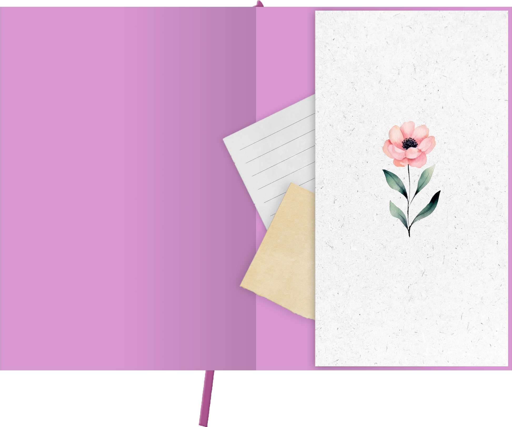 Gezeigt wird eine Innen- oder Zusatzansicht von „myNOTES Papeterie: Notizbuch A4 Blumenträume“. Die Innenseite ist in einem sanften Lila gestaltet, während das rechte Innendeckel ein weißes Blatt mit einer zarten pinken Blüte zeigt. Ergänzend ist ein blauer, liniierter Zettel sowie ein beiger Umschlag sichtbar. Die Typografie ist klar und modern, harmonisch ergänzt durch die floralen Motive.