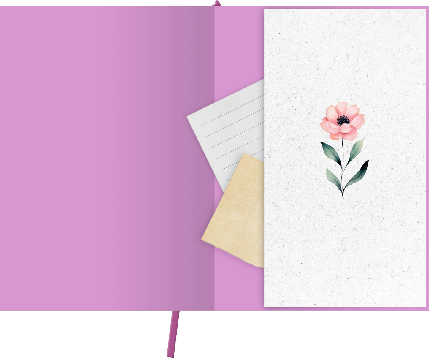 Gezeigt wird eine Innen- oder Zusatzansicht von „myNOTES Papeterie: Notizbuch A4 Blumenträume“. Die Innenseite ist in einem sanften Lila gestaltet, während das rechte Innendeckel ein weißes Blatt mit einer zarten pinken Blüte zeigt. Ergänzend ist ein blauer, liniierter Zettel sowie ein beiger Umschlag sichtbar. Die Typografie ist klar und modern, harmonisch ergänzt durch die floralen Motive.