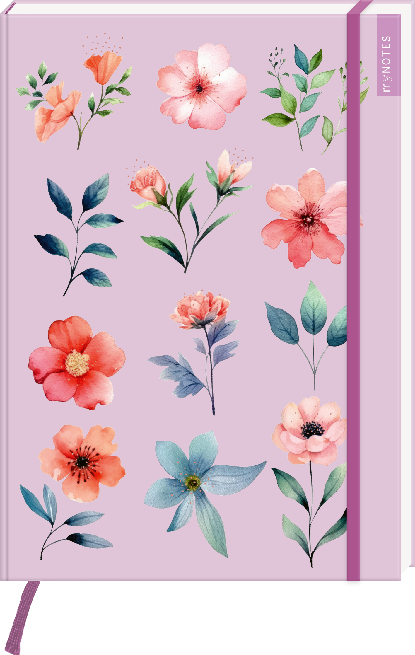 Das Buchcover zeigt eine sanfte lila Hintergrundfarbe, die mit verschiedenen stilisierten Blumenmotiven in Rosa-, Rot- und Grüntönen geschmückt ist. Diese floralen Elemente sind harmonisch angeordnet und verleihen dem Cover eine fröhliche und einladende Atmosphäre. Die Typografie ist schlicht und modern, ohne weitere Schriftzüge. Ganz unten mittig steht der Logoschriftzug von arsEdition.