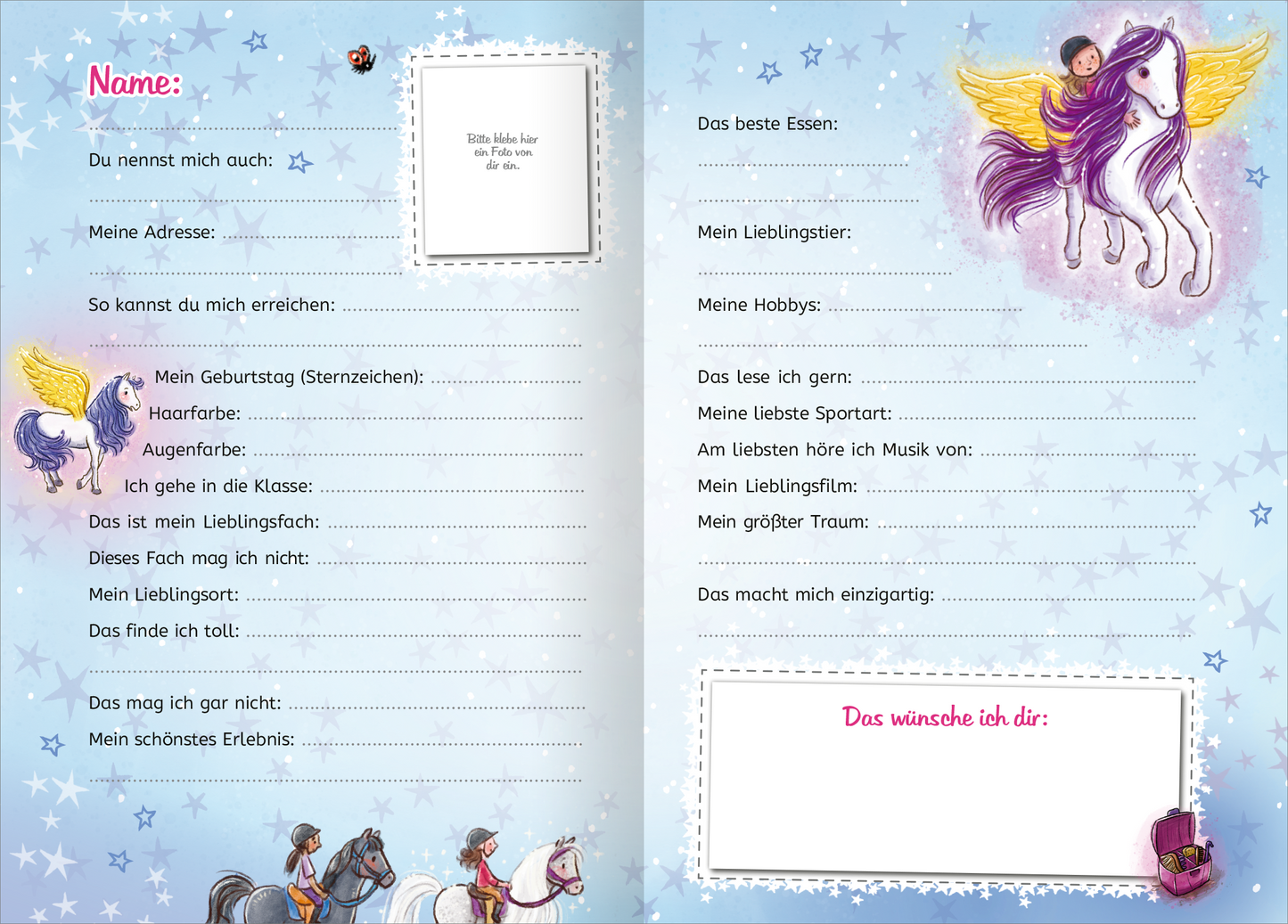 Gezeigt wird eine Innen- oder Zusatzansicht von „Meine Freunde – Zaubereinhorn“. Die Doppelseite hat einen hellblauen Hintergrund, verziert mit hellen, funkelnenden Sternen. Links sind fröhliche, handgezeichnete Pferde und ein Käfer abgebildet, während rechts ein zauberhaftes Einhorn mit einer leuchtend lila Mähne zu sehen ist. Der Text ist in klarer, gut lesbarer Schrift gehalten. Freizeitaktivitäten und persönliche Informationen sind durch Linien strukturiert, um das Ausfüllen zu...