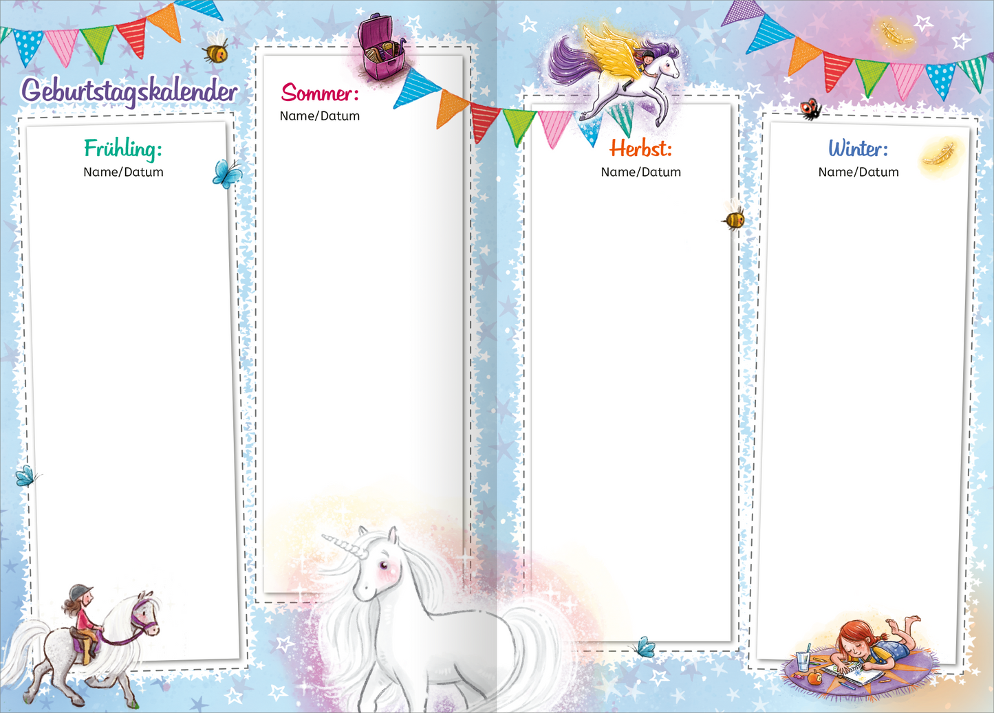 Gezeigt wird eine Innen- oder Zusatzansicht von „Meine Freunde – Zaubereinhorn“. Auf der Doppelseite befindet sich ein Geburtstagskalender mit vier Bereichen für die Jahreszeiten Frühling, Sommer, Herbst und Winter. Jeder Bereich ist durch einen farbigen Schriftzug hervorgehoben. Der Hintergrund zeigt einen sanften, hellblauen Himmel mit weißen Sternen. Bunte Wimpel und zauberhafte Illustrationen, darunter ein magisches Einhorn und fantasievolle Kinder, schmücken die Seite und...
