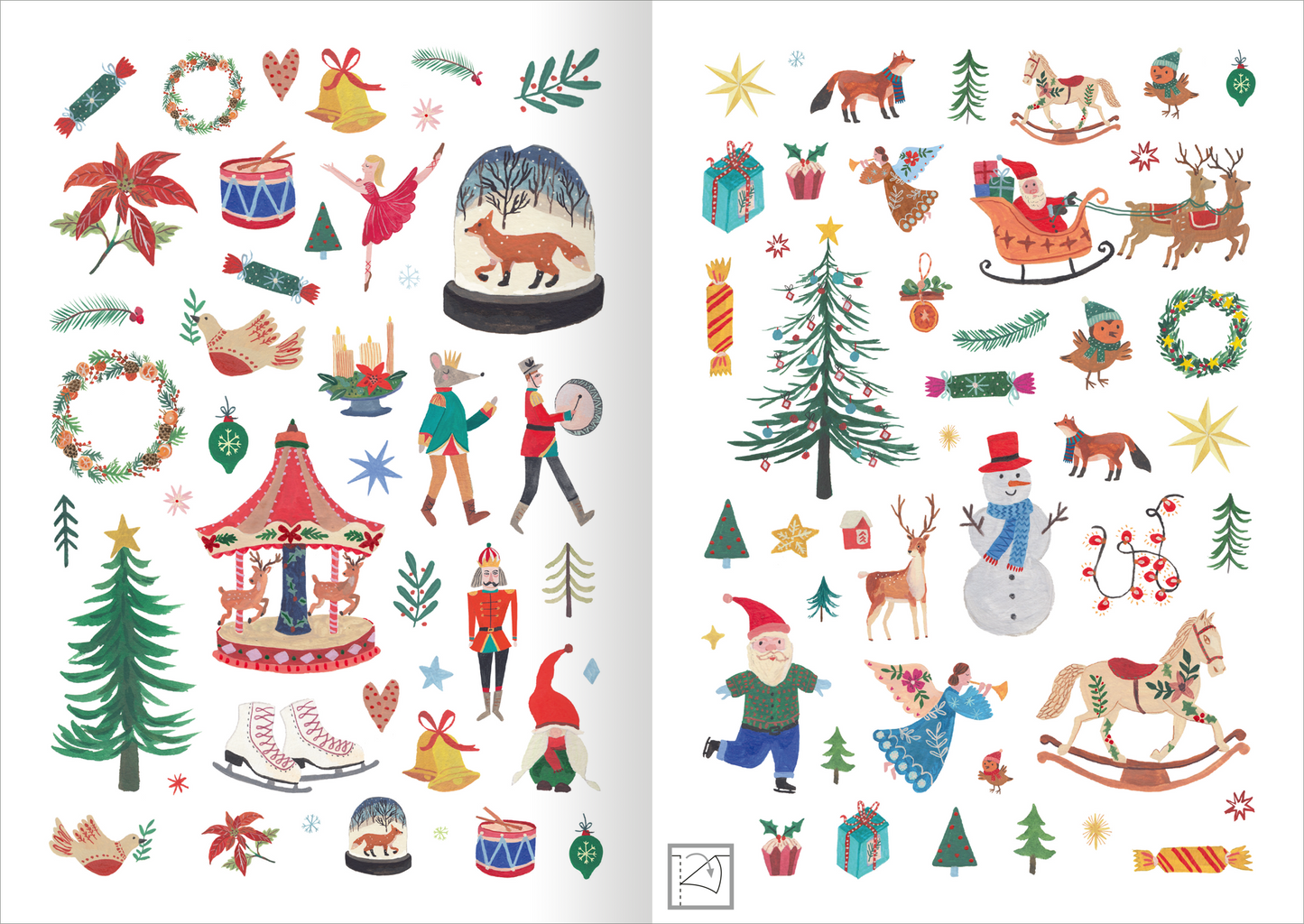Gezeigt wird eine Innen- oder Zusatzansicht von „Stickerliebe – Winter“. Die Seite präsentiert eine Vielzahl bunter Winterillustrationen, darunter Schneemänner, Weihnachtsbäume und Geschenke. Die Farbpalette umfasst kräftige Rottöne, Grüntöne und goldene Akzente. Die Figuren sind spielerisch gestaltet, darunter tanzende Kinder, Tiere und festliche Dekorationen. Die Typografie ist in verspieltem Stil gehalten, was die fröhliche, festliche Stimmung unterstreicht.
