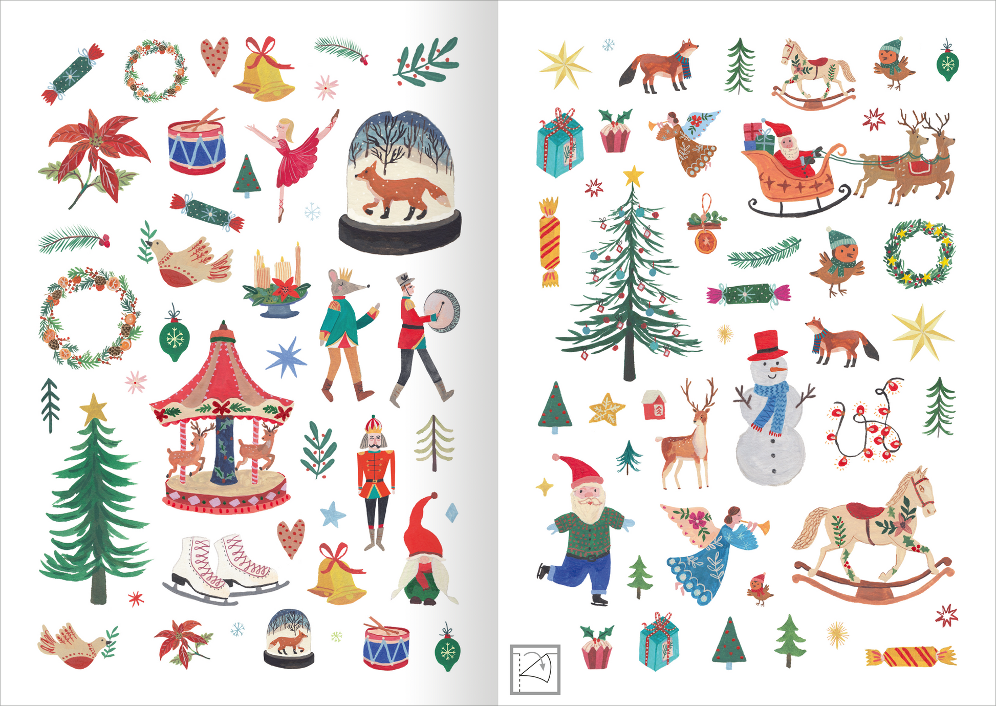 Gezeigt wird eine Innen- oder Zusatzansicht von „Stickerliebe – Winter“. Die Seite präsentiert eine Vielzahl bunter Winterillustrationen, darunter Schneemänner, Weihnachtsbäume und Geschenke. Die Farbpalette umfasst kräftige Rottöne, Grüntöne und goldene Akzente. Die Figuren sind spielerisch gestaltet, darunter tanzende Kinder, Tiere und festliche Dekorationen. Die Typografie ist in verspieltem Stil gehalten, was die fröhliche, festliche Stimmung unterstreicht.