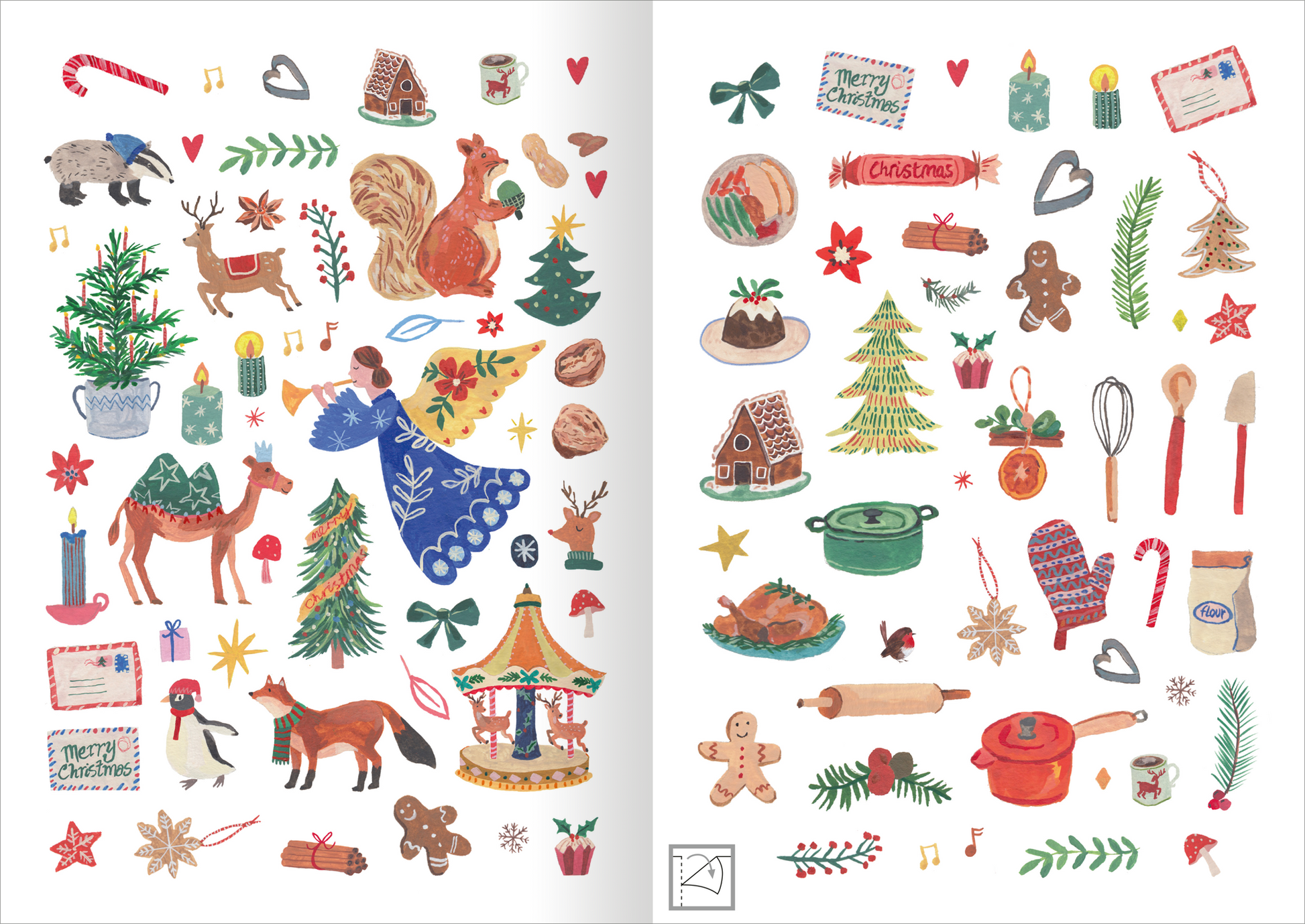 Gezeigt wird eine Innen- oder Zusatzansicht von „Stickerliebe – Winter“. Die Darstellung umfasst eine Vielzahl von bunten und festlichen Motiven, darunter Tannenbäume, Tiere wie Rehe und Eichhörnchen sowie weihnachtliche Symbole wie Geschenke und Kerzen. Die Farbpalette ist lebhaft mit Rot-, Grün- und Brauntönen, ergänzt durch Blautöne und goldene Akzente. Die Typografie ist verspielt und in verschiedenen Stilen gehalten, wobei „Merry Christmas“ besonders hervorgehoben ist.