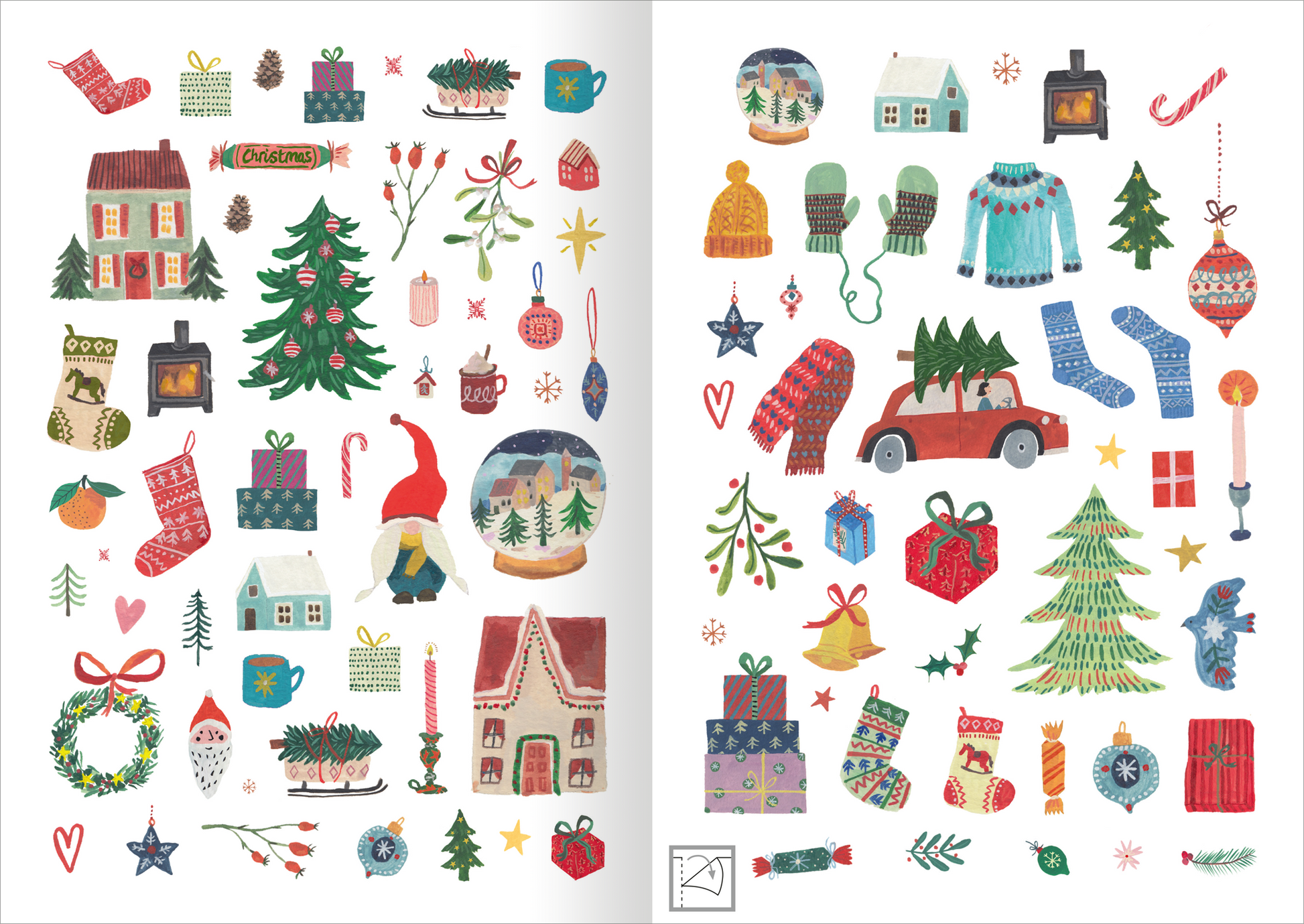 Gezeigt wird eine Innen- oder Zusatzansicht von „Stickerliebe – Winter“. Die Seite ist reich bebildert mit winterlichen Motiven, darunter liebevoll gestaltete Häuser, Weihnachtsbäume und Geschenke in verschiedenen Farben wie Rot, Grün und Blau. Verschiedene weihnachtliche Elemente, wie Socken, Sterne und Weihnachtskugeln, sind harmonisch angeordnet. Die typografischen Elemente sind verspielt und in unterschiedlichen Schriftarten gehalten, wobei der Schriftzug „Christmas“ besonders...