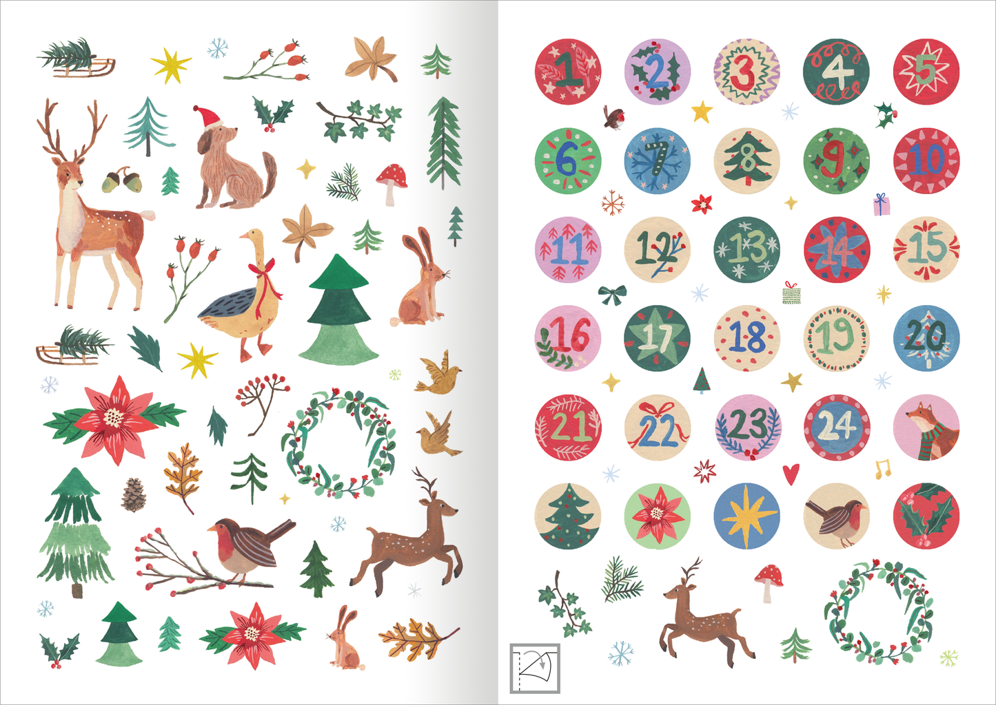 Gezeigt wird eine Innen- oder Zusatzansicht von „Stickerliebe – Winter“. Die linke Seite zeigt eine abwechslungsreiche Zusammenstellung von winterlichen Motiven, darunter Rehe, Hirsche, Kaninchen und Weihnachtssterne in warmen Rottönen und Grüntönen. Die rechte Seite präsentiert kreisförmige Sticker mit Zahlen von 1 bis 24, umgeben von bunten, festlichen Hintergründen in Rot, Blau und Beige. Die liebevolle, handgezeichnete Typografie ergänzt das verspielte Design.