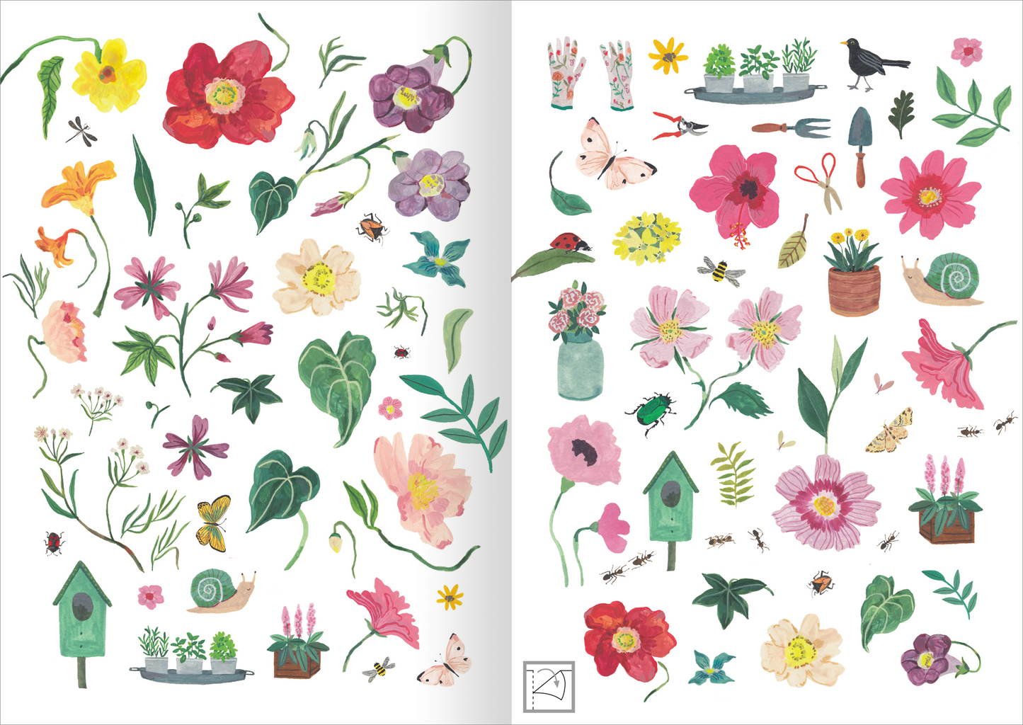 Gezeigt wird eine Innenansicht von „Stickerliebe – Pflanzenwelt“. Die Seite präsentiert eine Vielzahl von bunten Stickern, darunter verschiedene Blumen, Pflanzen, Insekten und Gartenzubehör. Die Farben sind lebhaft und variieren von Rosa über Grün bis Gelb, was eine fröhliche und einladende Atmosphäre schafft. Die Typografie ist verspielt und harmoniert mit den botanischen Motiven, während die Anordnung der Elemente einen organischen Fluss erzeugt.