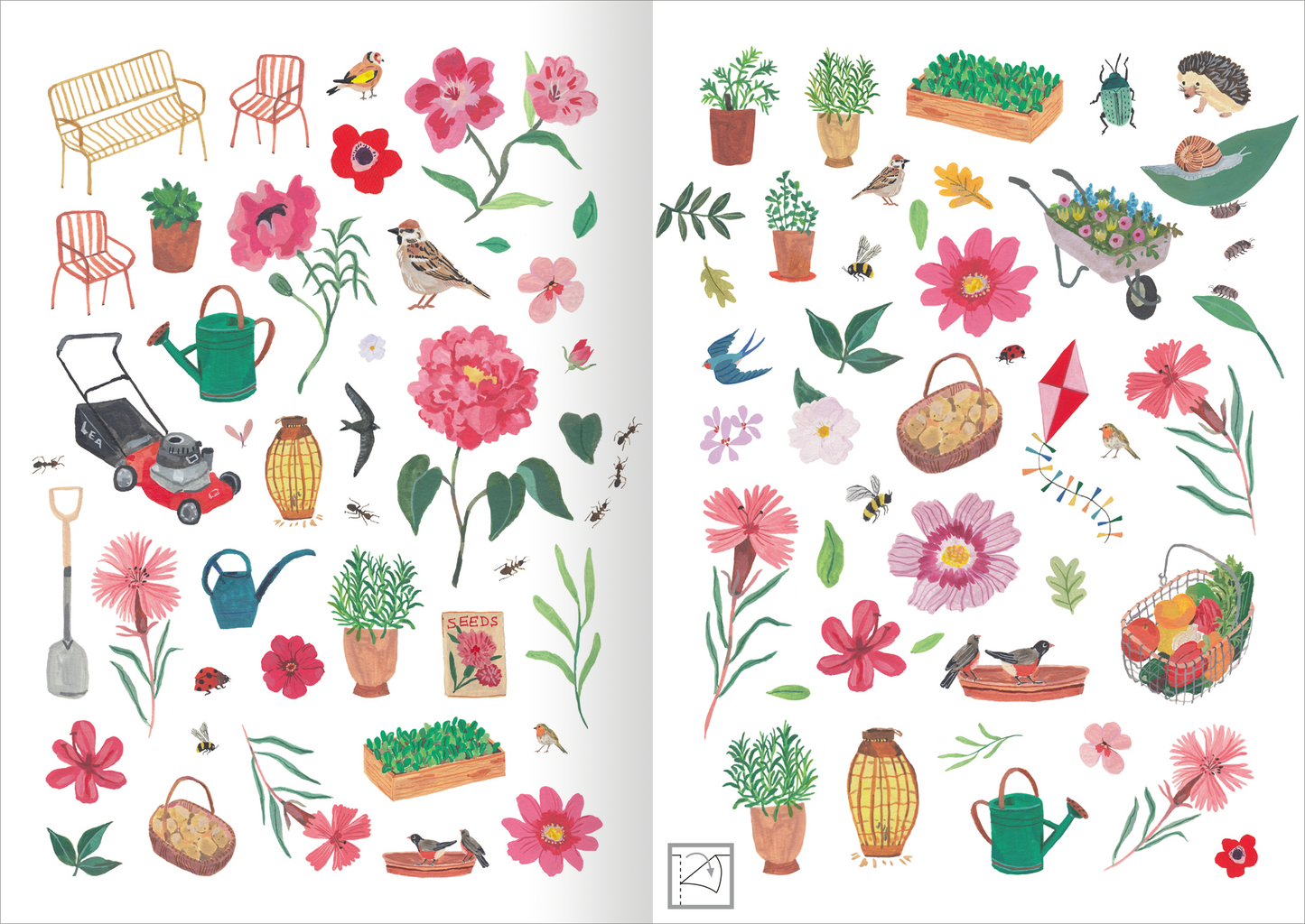 Gezeigt wird eine Innen- oder Zusatzansicht von „Stickerliebe – Pflanzenwelt“. Die Illustration bietet eine bunte Ansammlung floraler Motive, darunter verschiedene Blumen in Pink, Rot und Violett sowie grüne Pflanzen und Gärtnerwerkzeuge. Vögel und Insekten sind ebenfalls verteilt, während einige dekorative Elemente wie Gartenmöbel und Körbe sichtbar sind. Die Typografie ist verspielt und einladend, unterstützt durch sanfte Pastellfarben auf hellem Hintergrund, was dem Gesamtbild...