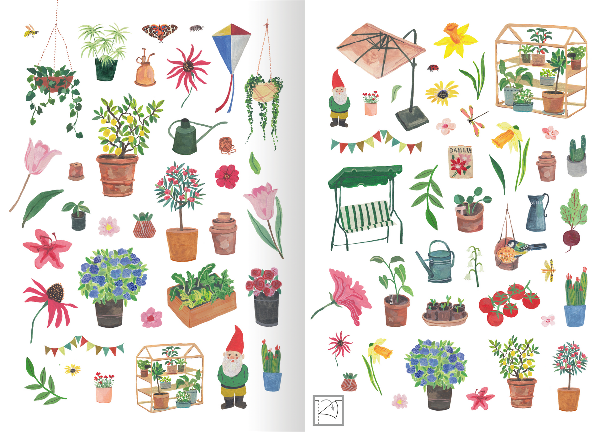 Gezeigt wird eine Innen- oder Zusatzansicht von „Stickerliebe – Pflanzenwelt“. Die Abbildung zeigt eine bunte Anordnung verschiedenster Pflanzensticker in Töpfen, darunter Blumen, Kräuter und andere Gewächse. Vorherrschende Farben sind Grüntöne, Rosétöne und erdige Brauntöne. Ergänzt werden die Pflanzen durch Illustrationen von Gnomen, Gießkanistern und Gartenmobiliar. Die handschriftliche Typografie ist verspielt und passt harmonisch zu dem fröhlichen Gesamtbild der Sammlung.