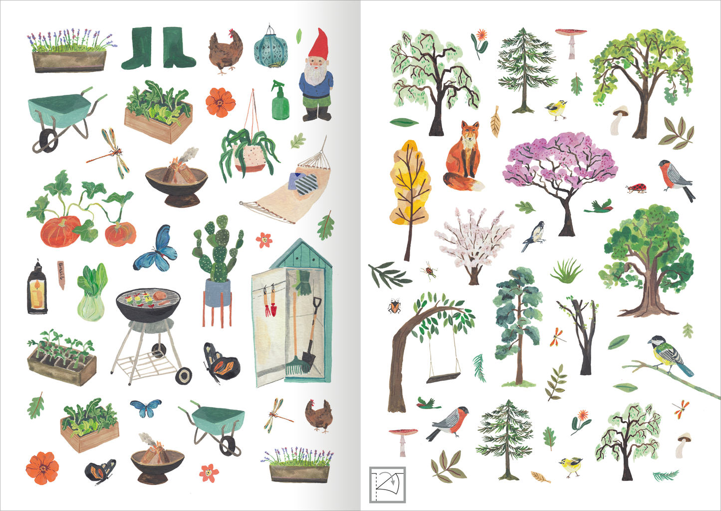 Gezeigt wird eine Innen- oder Zusatzansicht von „Stickerliebe – Pflanzenwelt“. Die Seite ist farbenfroh gestaltet und zeigt eine Vielzahl von Illustrationen, darunter Gartenwerkzeuge, Pflanzen und Tiere. Dominierende Farben sind Grün, Braun und Blau, begleitet von kräftigen Akzenten in Rot und Gelb. Die Typografie ist verspielt und freundlich, ohne dass Text dominant auftritt. Insgesamt vermittelt die Zusammenstellung eine einladende und lebendige Gartenatmosphäre.