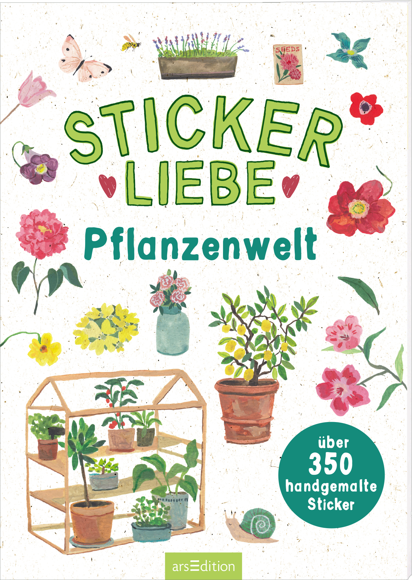 Das Cover zeigt eine Vielzahl handgezeichneter Pflanzen und Blumen in sanften, lebendigen Farben. Der Titel „STICKER LIEBE“ ist in großen grünen Buchstaben oben platziert, während darunter „Pflanzenwelt“ in einer harmonischen Schriftart zu sehen ist. Um den Titel herum sind zarte Illustrationen von Blumen, Blättern und einem Glas mit Blumenarrangement verteilt. Ganz rechts befindet sich ein grüner Button mit dem Text „über 350 handgemalte Sticker“. Ganz unten mittig steht der...