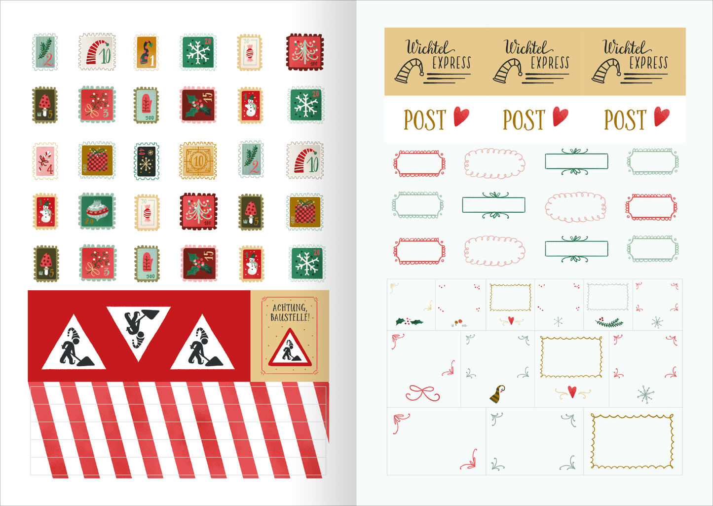 Gezeigt wird eine Innen- oder Zusatzansicht von „Meine Sticker für die Wichtelwelt“. Die Seite enthält eine Vielzahl von bunten Stickern in Form von Briefmarken, die in verschiedenen Farben wie Rot, Grün und Weiß gestaltet sind. Oben befinden sich die Begriffe „Wichtel Express“ in verspielter Typografie, flankiert von roten Herzen. Der untere Bereich zeigt ein Warnschild und eine diagonale Streifenmusterung in Rot und Weiß sowie leere Stickerfelder für persönliche Notizen.
