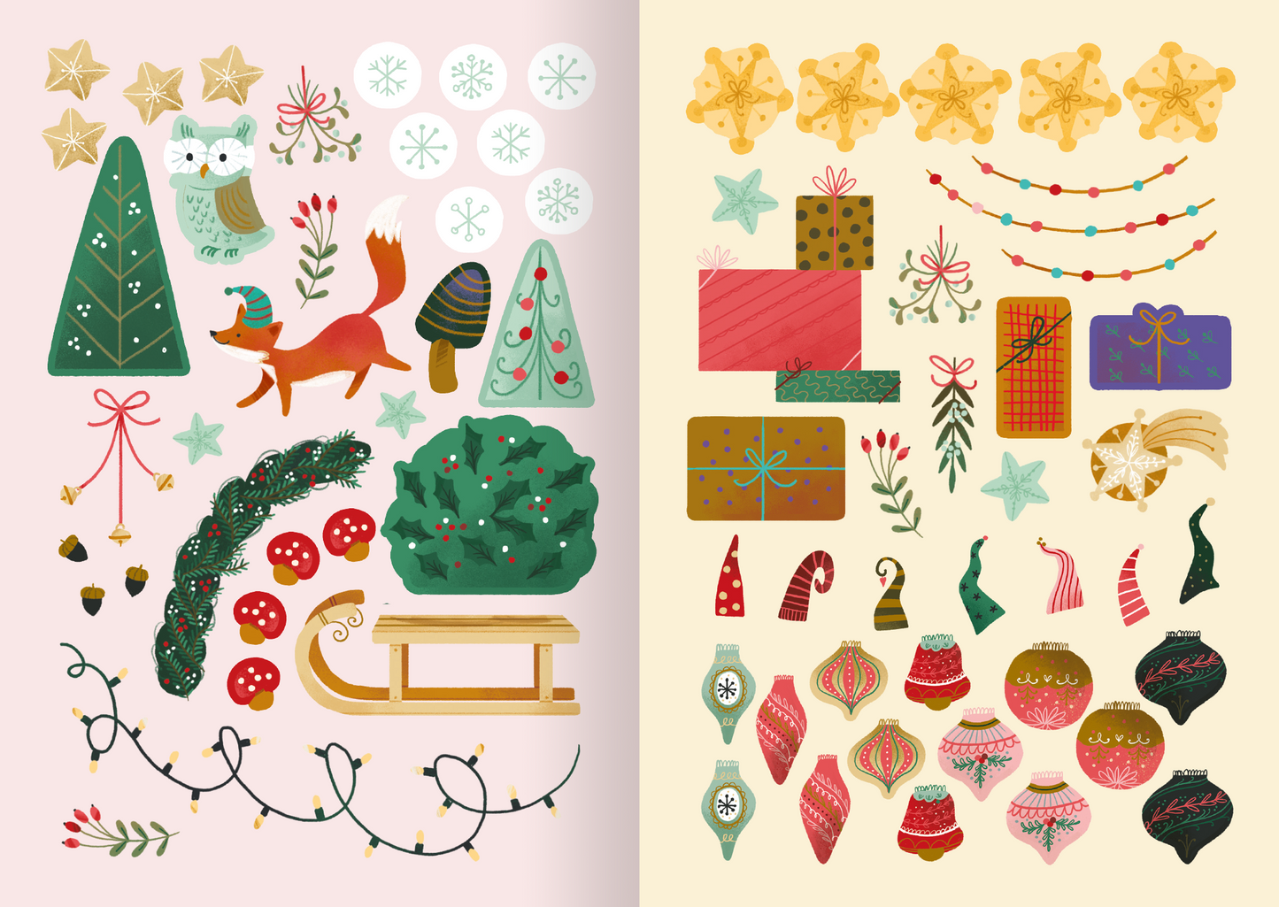 Gezeigt wird eine Innen- oder Zusatzansicht von „Meine Sticker für die Wichtelwelt“. Die Seite enthält eine Vielzahl von bunten Stickern, darunter Weihnachtsbäume, einen roten Fuchs, Geschenke und dekorative Elemente wie Sterne und Girlanden. Die Farben sind überwiegend pastellfarben, ergänzt durch kräftige Akzente.