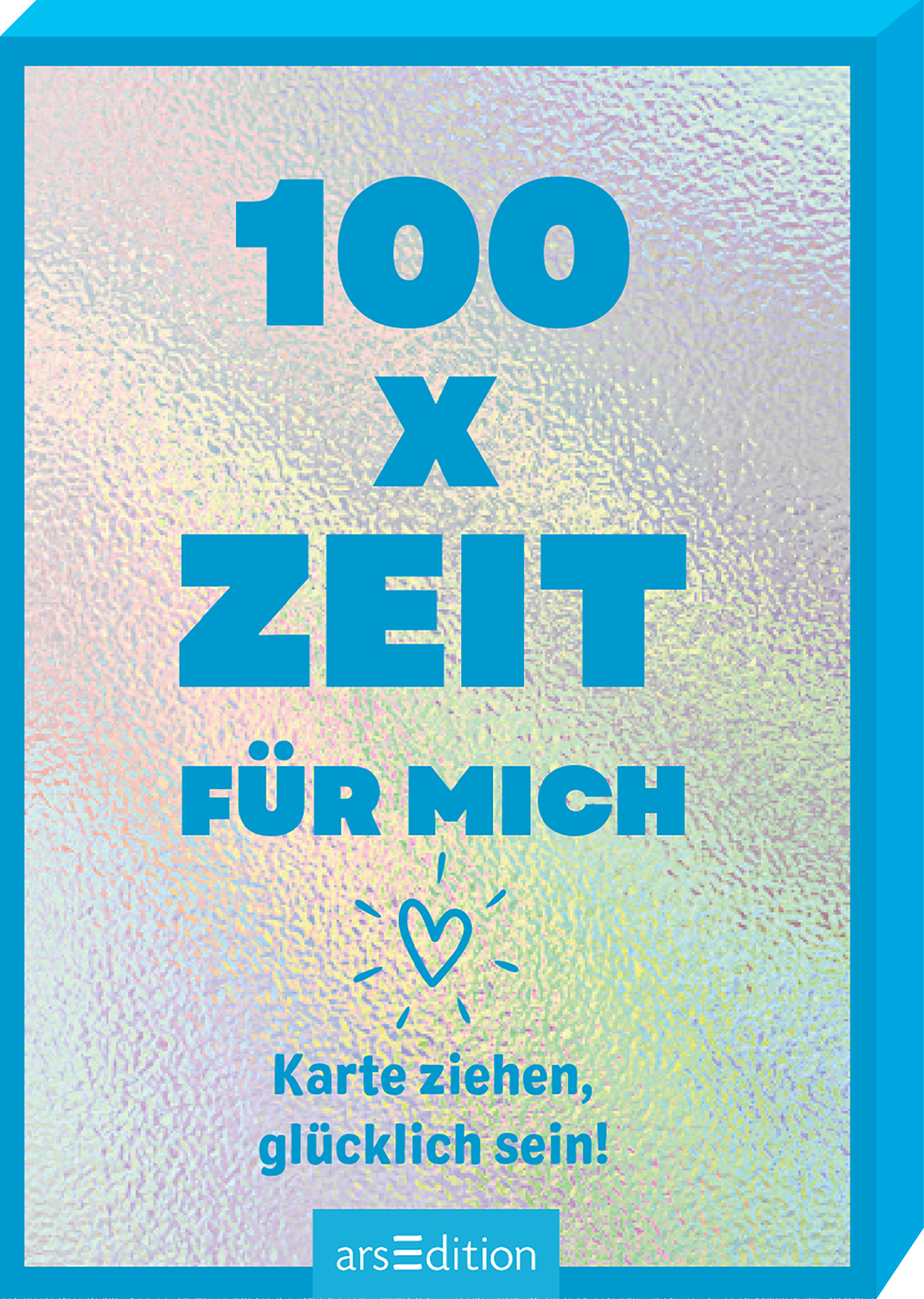 Das Cover zeigt einen schimmernden Hintergrund in sanften, holografischen Farben, der einen lebendigen und einladenden Eindruck vermittelt. In großen, kräftigen blauen Buchstaben steht „100 x ZEIT FÜR MICH“ mittig platziert. Unterhalb dieser Hauptüberschrift finden sich in kleinerer Schrift die Worte „Karte ziehen, glücklich sein!“ ergänzt durch ein Herz-Symbol. Die Atmosphäre ist verspielt und ermutigend. Ganz unten mittig steht der Logoschriftzug von arsEdition.