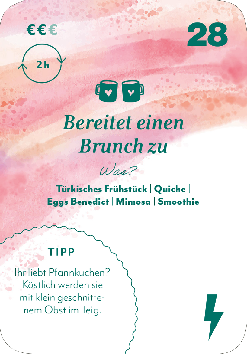 Gezeigt wird eine Innen- oder Zusatzansicht von „100 x Friends Forever“. Die Karte präsentiert eine sanfte Aquarell-Hintergrundgestaltung in Rosa- und Pastelltönen. Im Vordergrund steht die Überschrift „Bereitet einen Brunch zu“ in einer klaren, eleganten Schriftart. Unterhalb befindet sich eine Liste von Frühstücksoptionen, während ein praktischer Tipp hervorgehoben ist. Die Gestaltung ist modern, klar strukturiert und einladend, unterstützt durch ikonografische Elemente, die...