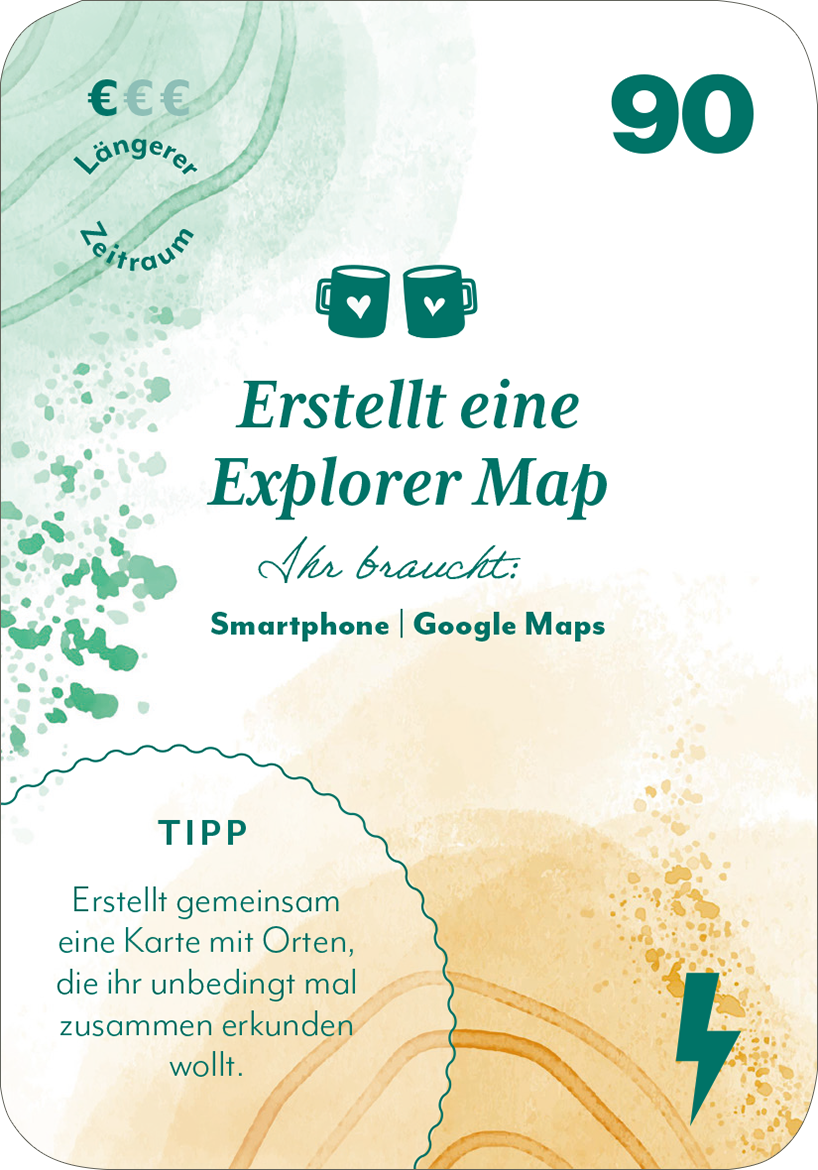 Gezeigt wird eine Innen- oder Zusatzansicht von „100 x Friends Forever“. Die Karte präsentiert einen weißen Hintergrund mit zarten aquarellartigen in mintgrün und orange verlaufenden Farbspritzern. In der oberen Hälfte steht in eleganter, dunkler Schrift der Satz „Erstellt eine Explorer Map“. Darunter befindet sich eine Liste mit benötigten Materialien in einer modernen Typografie. Am unteren Rand ist der Hinweis „TIPP“ in einer markanten Schriftart hervorgehoben, mit einem...