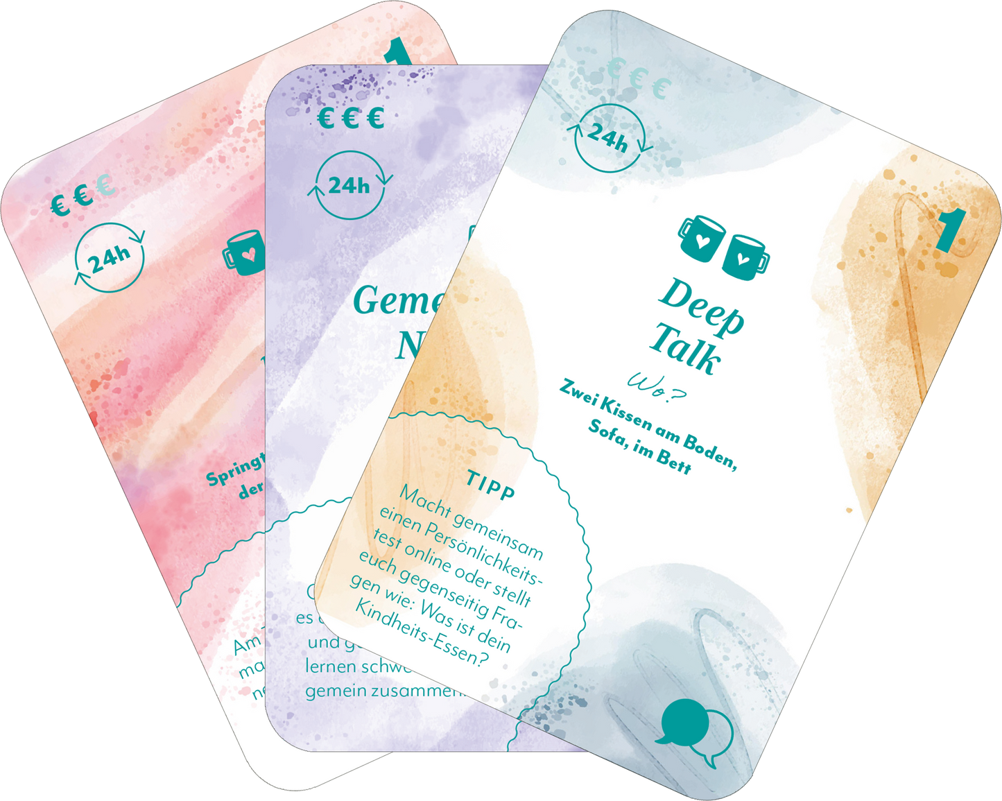 Gezeigt wird eine Innen- oder Zusatzansicht von „100 x Friends Forever“. Die Ansicht zeigt mehrere Spielkarten in sanften Pastellfarben wie Rosa, Blau und Lila. Jede Karte hat eine eigene, prägnante Überschrift in einer modernen, gut lesbaren Schriftart. Zusätzlich sind thematische Symbole und kurze Anleitungstexte abgebildet, die anregen, persönliche Gespräche zu führen und Erlebnisse zu teilen. Die Gestaltung vermittelt eine freundliche und einladende Atmosphäre.