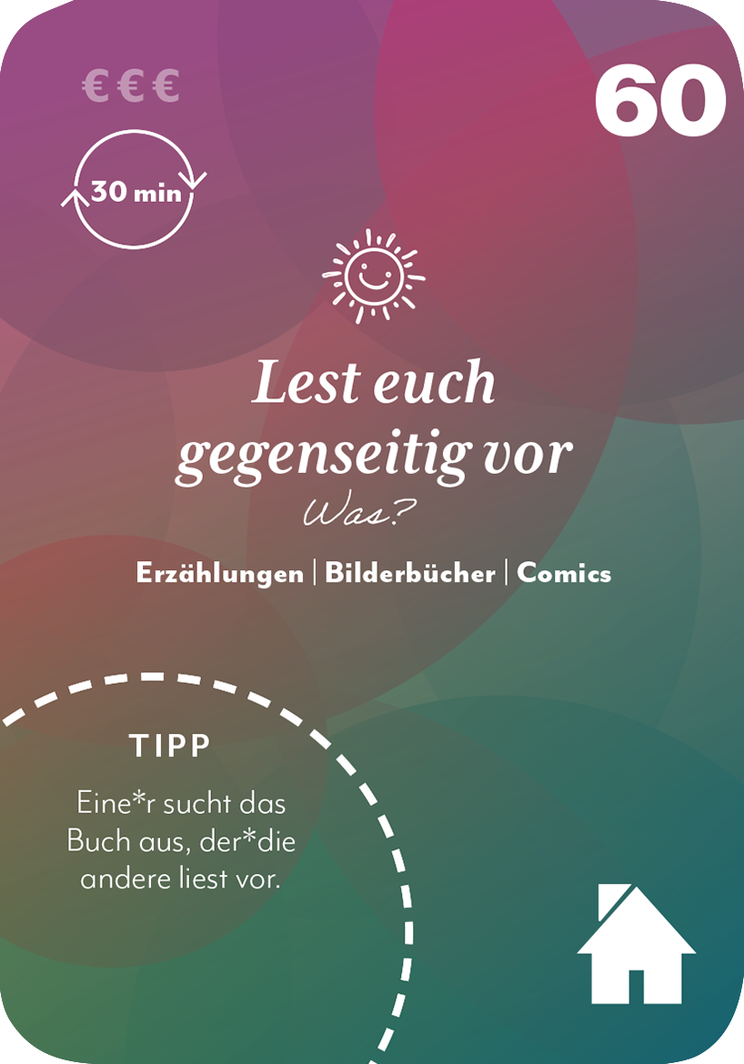 Gezeigt wird eine Innen- oder Zusatzansicht von „100 x Zusammen sein“. Die Ansicht zeigt einen farbenfrohen Hintergrund mit sanften Übergängen in Rosa, Grün und Blau. Im Vordergrund steht die Überschrift „Lest euch gegenseitig vor“ in klarer, verspielter Schrift. Darunter befinden sich die Unterkategorien „Erzählungen“, „Bilderbücher“ und „Comics“ in einer modernen, gut lesbaren Typografie. Zudem wird ein Tipp gegeben, der in einem weißen, abgerundeten Kasten...