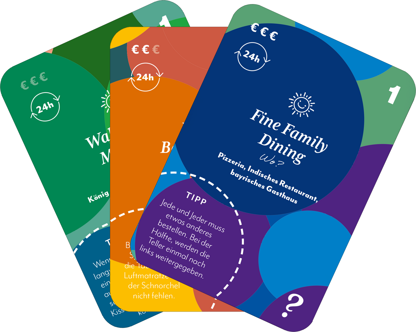 Gezeigt wird eine Innen- oder Zusatzansicht von „100 x Zusammen sein“. Die Ansicht präsentiert drei Spielkarten in kräftigen Farben: Grün, Orange und Blau. Jede Karte ist mit runden Formen und Textfeldern gestaltet. Auf der blauen Karte steht „Fine Family Dining“ in einer verspielten Schriftart, umgeben von einem Sonnenmotiv. Die orange Karte enthält einen Tipp in einem weißen Textfeld, während die grüne Karte den Titel einer Aktivität anzeigt. Die Farben sind lebendig und...