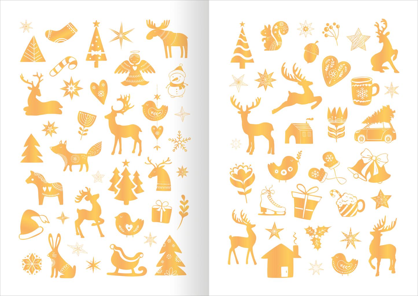 Gezeigt wird eine Innenansicht von „Sticker Adventskalenderverschönerer“. Die Seite zeigt eine Vielzahl von weihnachtlichen Illustrationen in warmen Gelbtönen, darunter Tannenbäume, Rentiere, Geschenke und diverse winterliche Symbole. Die Motive sind detailreich und ansprechend arrangiert, mit unterschiedlich großen Figuren, die eine festliche Atmosphäre erzeugen. Die Typografie ist verspielt und gut lesbar, darunter einige festliche Schriftzüge.