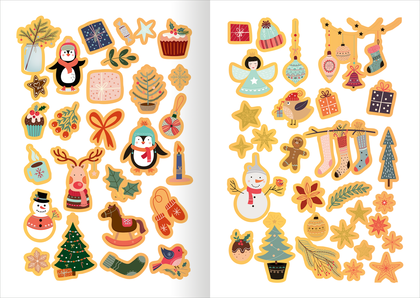 Gezeigt wird eine Innen- oder Zusatzansicht von „Sticker Adventskalenderverschönerer“. Die Illustration zeigt eine Vielzahl von bunten Aufklebern in verschiedenen Formen und Größen. Zu sehen sind Figuren wie Pinguine, Schnee- und Weihnachtsmänner sowie Geschenke und Weihnachtsbäume. Die Farben sind überwiegend pastellartig, mit Rot-, Grün- und Gelbtönen, und die Typografie ist verspielt und kindgerecht gestaltet. Die Aufkleber sind auf einem hellen Hintergrund angeordnet und...