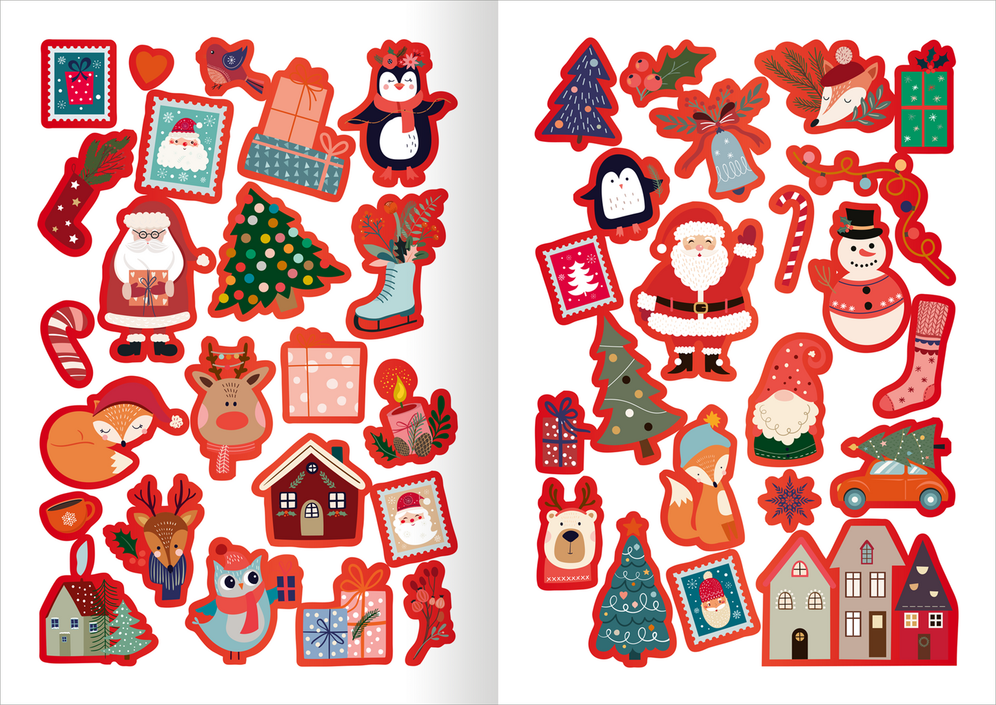 Gezeigt wird eine Innen- oder Zusatzansicht von „Sticker Adventskalenderverschönerer“. Die Seite präsentiert eine Vielzahl farbenfroher, weihnachtlicher Sticker. Dominiert von lebhaften Farben wie Rot, Grün und Blau, zeigen die Motive unter anderem Weihnachtsmänner, Rentiere, Tannenbäume sowie Geschenke. Die Typografie ist verspielt und kindgerecht, oft umrahmt von dekorativen Elementen. Die insgesamt 38 Sticker sind ideal zur Verschönerung von Adventskalendern.