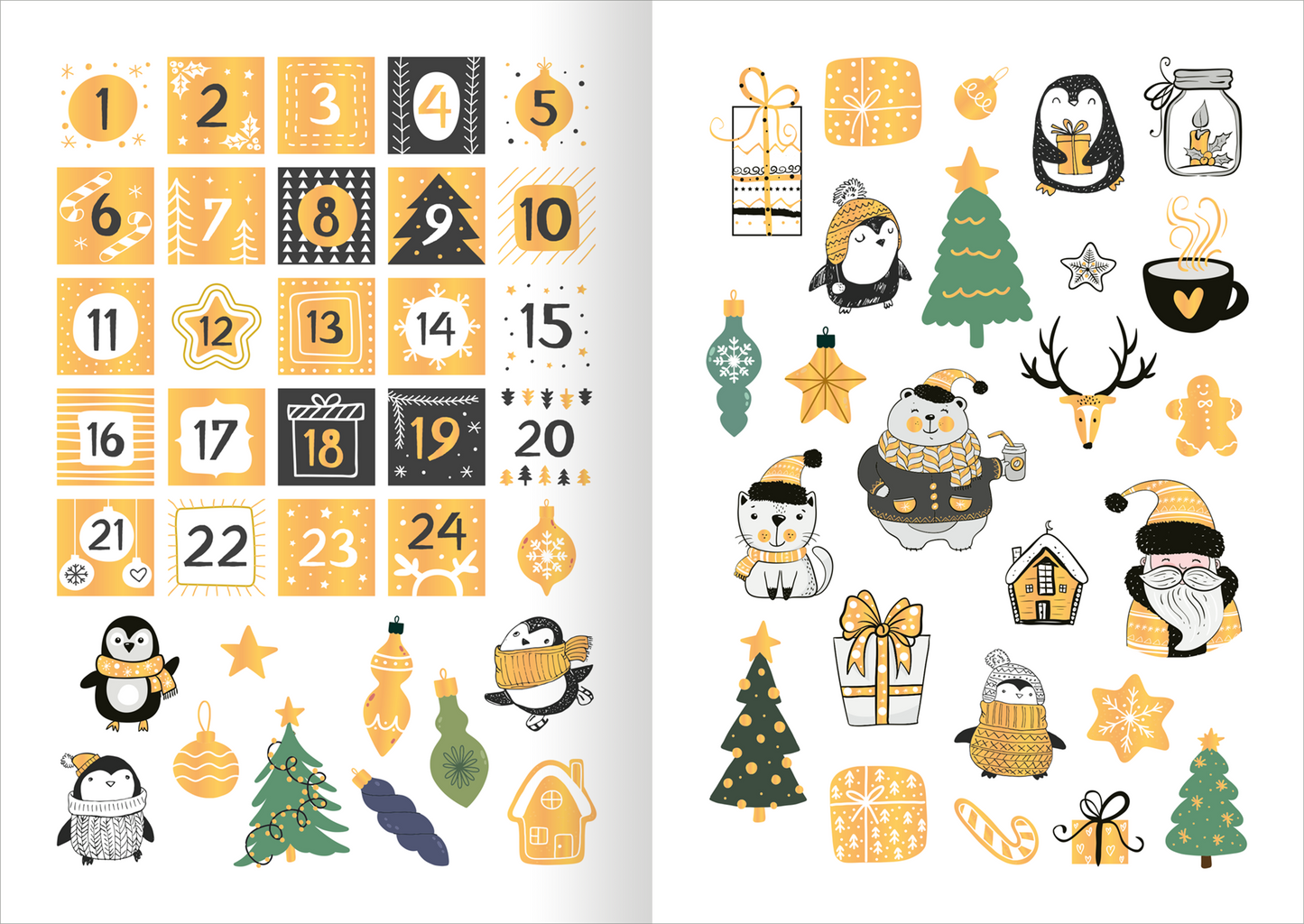Gezeigt wird eine Innen- oder Zusatzansicht von „Sticker Adventskalenderverschönerer“. Die Seite zeigt fünfzehn nummerierte Kästchen in verschiedenen Gelbtönen, umgeben von winterlichen Motiven. Auf der rechten Seite sind bunte Illustrationen von Weihnachtsfiguren, darunter ein Schneemann, ein Rentier und Geschenke, abgebildet. Die Farbpalette umfasst Gelb, Schwarz und Grüntöne. Die freundliche, verspielte Typografie und die detailreiche Gestaltung unterstreichen das festliche Thema.