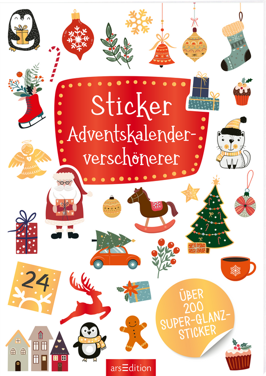 Das Cover zeigt eine Vielzahl von bunten, weihnachtlichen Stickern, die in verschiedenen Formen angeordnet sind. Zentral steht ein rotes Schild mit weißer Schrift, auf dem „Sticker Adventskalenderverschönerer“ steht. Um das Schild herum befinden sich festliche Motive wie ein Weihnachtsbaum, ein Weihnachtsmann und eine Schlittschuhläuferin. In der unteren rechten Ecke prangt ein weißer Button mit der Aufschrift „Über 200 Super-Glanz-Sticker“. Ganz unten mittig steht der...