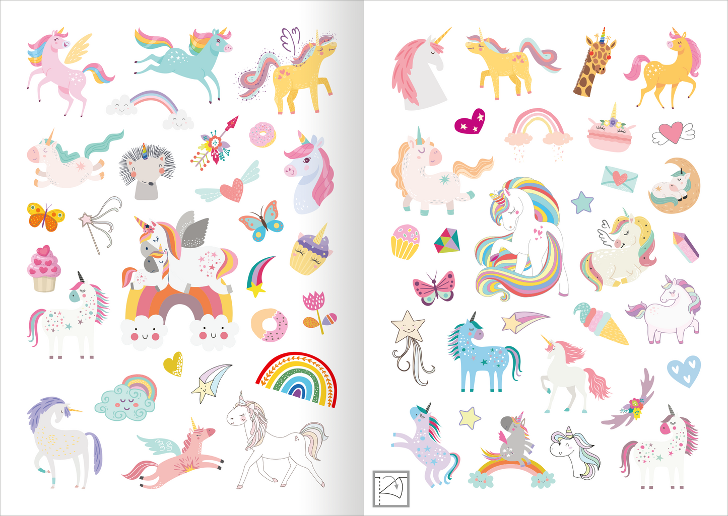 Gezeigt wird eine Innen- oder Zusatzansicht von „Mein Einhorn-Stickerheft“. Die Seite umfasst eine Vielzahl von bunten, spielerischen Stickern, darunter Einhörner in verschiedenen Farben, Regenbögen, Herzen, Sterne und weitere fantasievolle Motive. Die Farbpalette reicht von sanften Pastelltönen bis zu lebhaften, warmen Farben. Die Typografie ist kinderfreundlich und verspielt gestaltet. Die Anordnung der Elemente ist abwechslungsreich und ansprechend, was die Fantasie anregt.