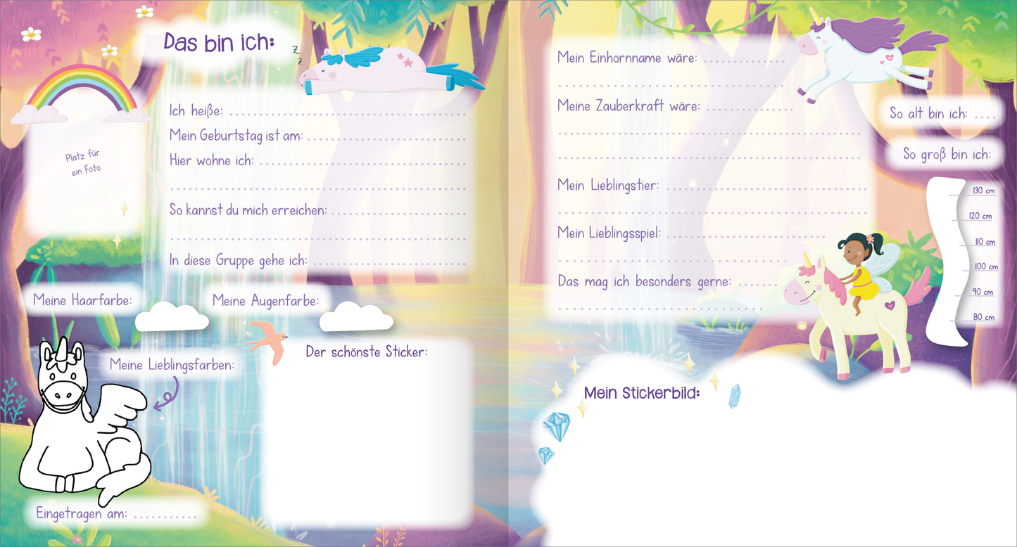 Gezeigt wird eine Innen- oder Zusatzansicht von „Meine Kindergarten-Freunde – Einhorn“. Die Seite ist in sanften Pastellfarben gehalten und zeigt eine märchenhafte Landschaft mit bunten Einhörnern und einer fröhlichen Figur, die auf einem Pferd sitzt. Verschiedene Felder laden zum Ausfüllen ein, darunter „Das bin ich“ mit Fragen zur Persönlichkeit. Die Typografie ist kindgerecht und in geschwungenen Schriftzügen gestaltet. Ein großer Regenbogen und Wasserfälle unterstreichen...