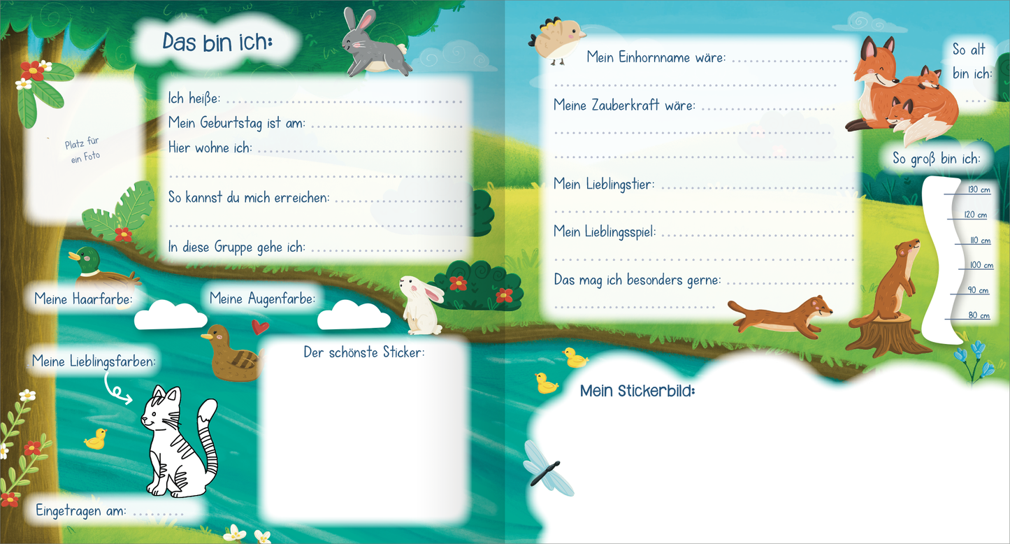 Gezeigt wird eine Innen- oder Zusatzansicht von „Meine Kindergarten-Freunde – Einhorn“. Auf einer bunten, hellblauen Unterlage sind verschiedene Felder zum Ausfüllen angeordnet. Dazu gehören persönliche Angaben wie „Mein Name“ und „Mein Geburtstag“. Die typografische Gestaltung ist verspielt und einladend, mit handschriftähnlicher Schriftart. Verschnörkelte Umrandungen und Illustrationen von Tieren wie Kaninchen, Füchsen und einer Katze sowie Wolken und Enten verleihen der...