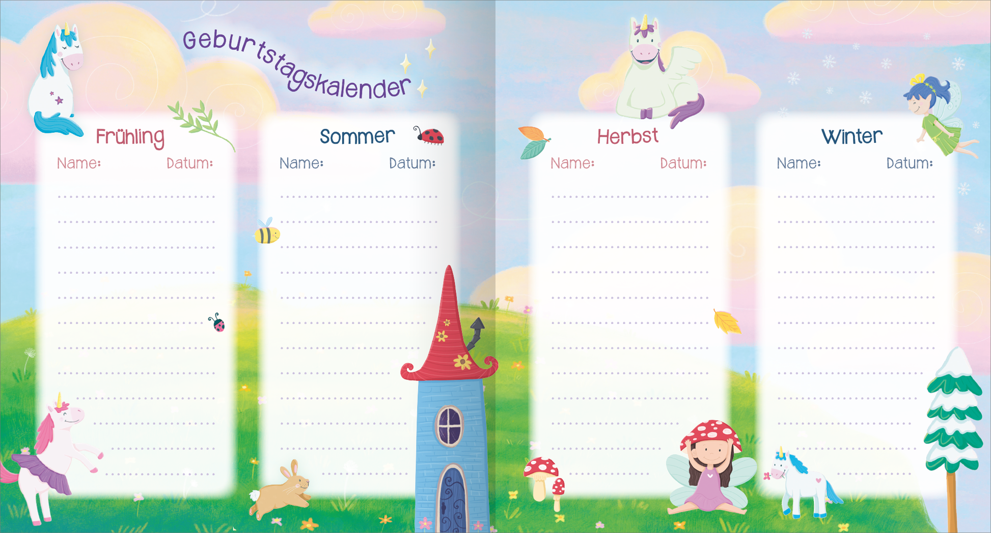 Gezeigt wird eine Innen- oder Zusatzansicht von „Meine Kindergarten-Freunde – Einhorn“. Auf der doppelten Seite befindet sich ein Geburtstagskalender, unterteilt in die Jahreszeiten Frühling, Sommer, Herbst und Winter. Jede Rubrik ist mit bunten Illustrationen von Einhörnern, Blumen und fröhlichen Figuren umrahmt. Der Hintergrund zeigt sanfte Pastellfarben mit einem blauen Himmel und vereinzelten Wolken. Die Typografie ist verspielt und gut lesbar, wobei die Überschrift...