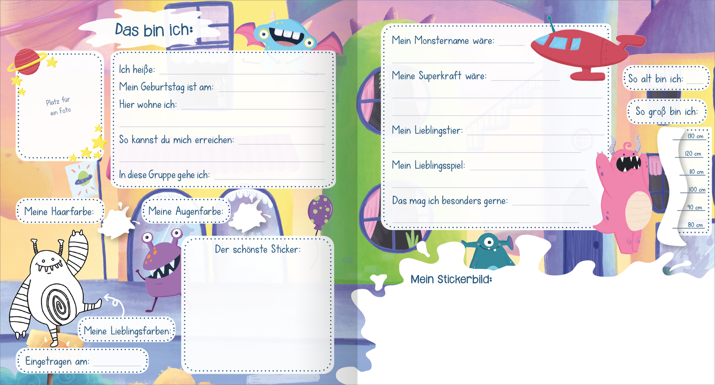 Gezeigt wird eine Innen- oder Zusatzansicht von „Meine Kindergarten-Freunde – Monster“. Die Seite ist farbenfroh gestaltet und zeigt verschiedene verspielte Monsterfiguren in lebhaften Farben wie Lila, Pink und Gelb. Es gibt Felder mit Umrissen für persönliche Angaben wie „Mein Name“, „Meine Lieblingsfarbe“ und „Mein Geburtsdatum“. Die Schrift ist bunt und kindgerecht, wobei die Überschrift „Das bin ich“ hervorhebt. Ein leerer Bereich für Sticker befindet sich unten,...