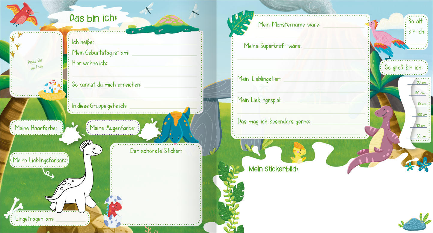 Gezeigt wird eine Innen- oder Zusatzansicht von „Meine Kindergarten-Freunde – Monster“. Die Seite ist bunt und fröhlich gestaltet, mit Illustrationen von Dinosauriern und verschiedenen fantastischen Wesen. Auf der linken Seite befindet sich ein Bereich mit Fragen zur eigenen Person, umgeben von grünen Pflanzenmotiven, und auffälligen, kindgerechten Schriftarten in Blau und Grün. Die rechte Seite enthält Platz für den Monstername, die Superkraft und Lieblingsspiel, umrahmt von...