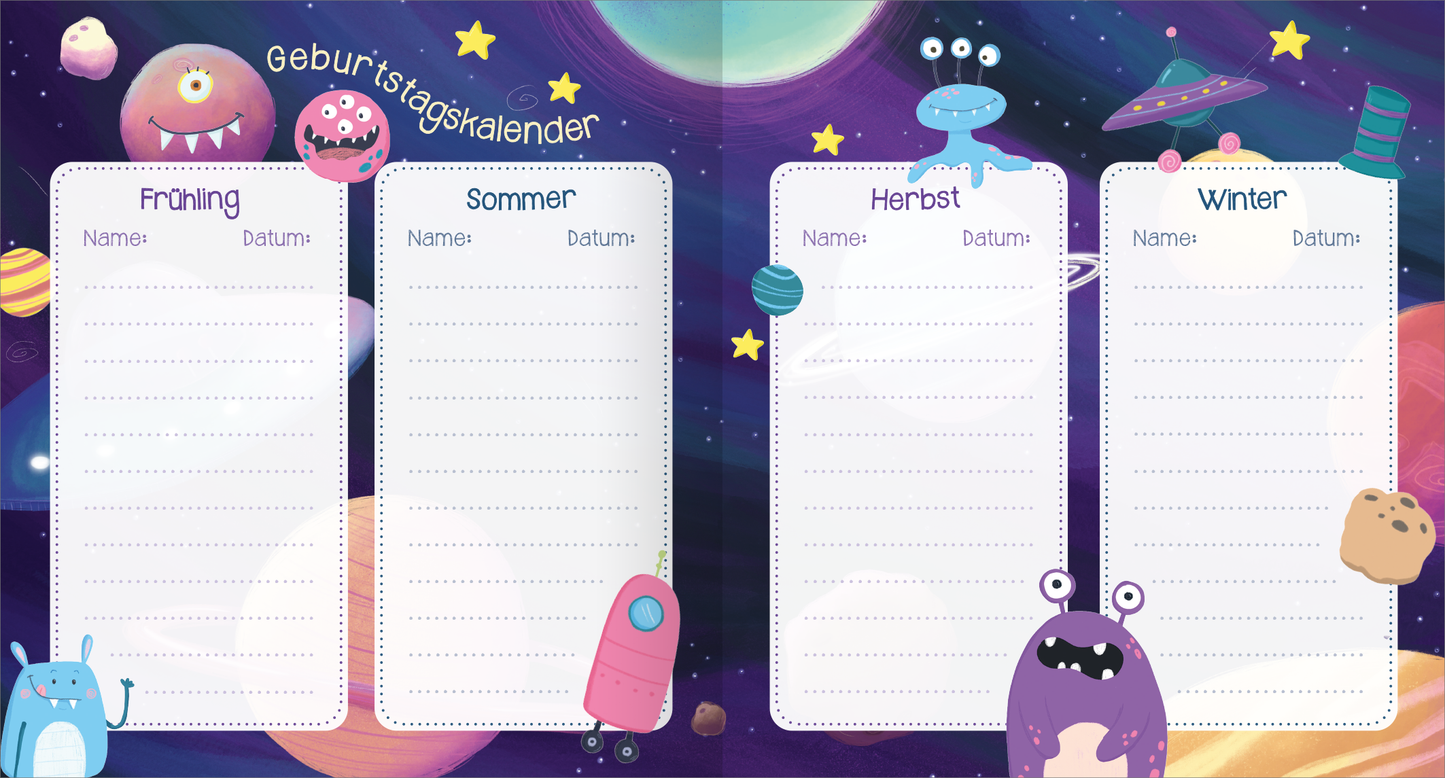 Gezeigt wird eine Innen- oder Zusatzansicht von „Meine Kindergarten-Freunde – Monster“. Der Geburtstagskalender zeigt vier Abschnitte für die Jahreszeiten Frühling, Sommer, Herbst und Winter. Jeder Abschnitt ist von spielerischen, bunten Monstern und planetarischen Motiven umrahmt. Die Hintergründe sind in sanften, tiefen Farbtönen gehalten, überwiegend in Lila und Blau. Die Typografie ist kindgerecht und freundlich, mit klaren Linien für einfache Lesbarkeit.