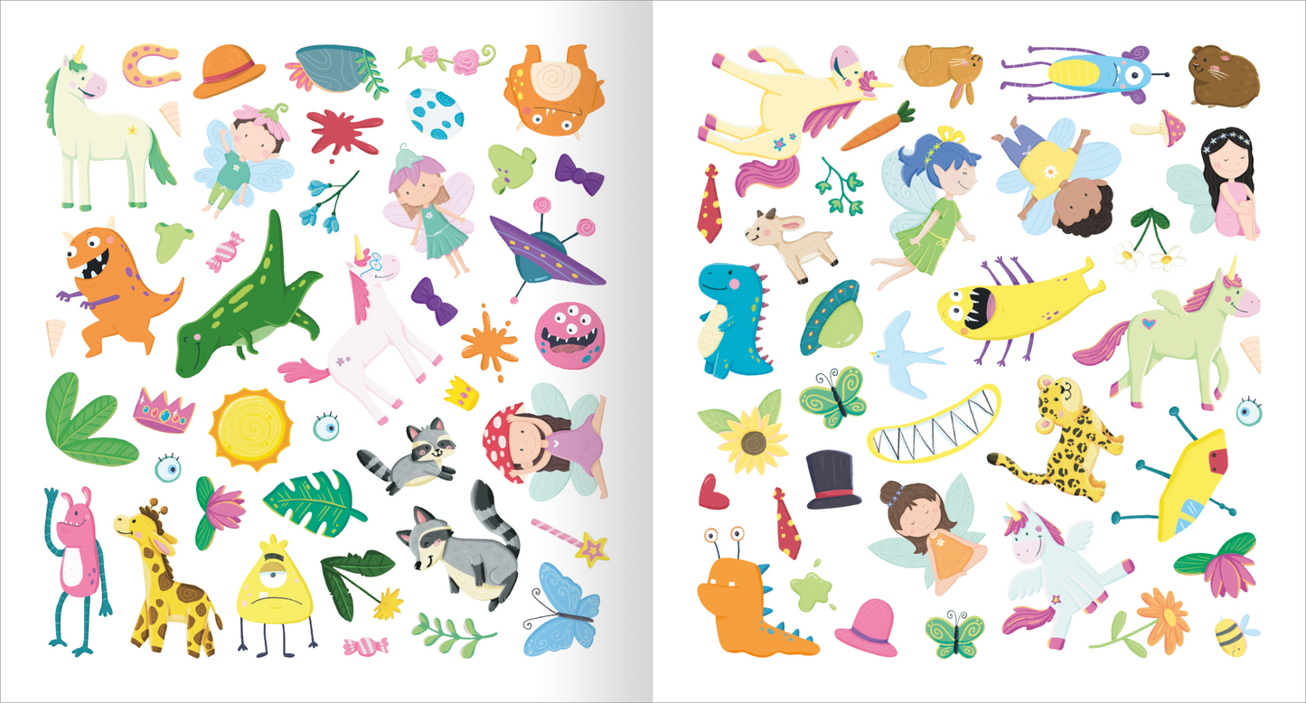 Gezeigt wird eine Innen- oder Zusatzansicht von „Meine Kindergarten-Freunde – Monster“. Die Seite ist bunt und lebhaft gestaltet mit verschiedenen, lustigen Illustrationen. Auf der linken Seite sind Tiere, Pflanzen und exotische Figuren in sanften Pastellfarben, darunter ein Einhorn, eine Dinosaurierfigur und fröhliche Kinder in fantasievollen Posen. Die rechte Seite zeigt ebenfalls eine Vielzahl von Charakteren und Elementen, wie Feen, Schmetterlinge und einen gelben Monstercharakter....