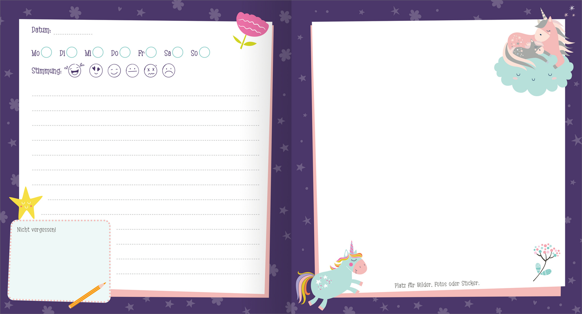 Gezeigt wird eine Innen- oder Zusatzansicht von „Tagebuch mit Schloss – Einhorn“. Die Doppelseite zeigt eine lila Hintergrundfarbe mit bunten, stilisierten Sternen. Auf der linken Seite befindet sich ein Feld für Datum und eine Stimmungsskala mit fröhlichen und traurigen Emoji-Gesichtern sowie linierte Schreibzeilen. Rechts ist eine leere Seite mit einem niedlichen, schlafenden Einhorn auf einer Wolke und einem Platz für persönliche Notizen. Die Schrift ist verspielt und...