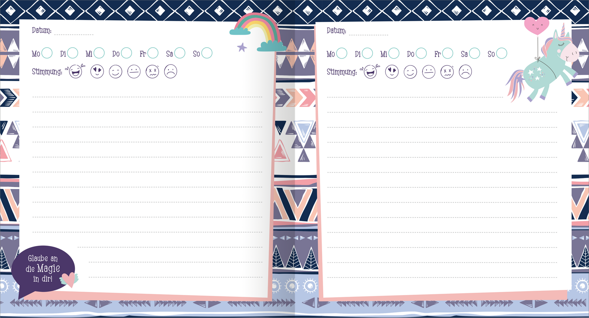 Gezeigt wird eine Innen- oder Zusatzansicht von „Tagebuch mit Schloss – Einhorn“. Die Doppelseite ist in sanften Pastellfarben gestaltet, mit einem rosa- und blau-gestreiften Hintergrund. Am oberen Rand befinden sich kleine Wolken und ein Regenbogen, während ein niedliches, grün-weißes Einhorn auf der rechten Seite abgebildet ist. Unter dem Einhorn steht der Schriftzug „Glaube an die Magie in dir“. Es gibt Platz für Datum und emotionale Ausdrücke, unterstützt durch einfache,...