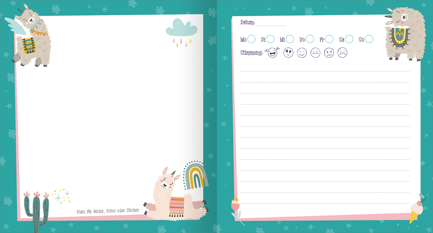 Gezeigt wird eine Innen- oder Zusatzansicht von „Tagebuch mit Schloss – Einhorn“. Die Doppelseite zeigt eine hellgrüne Hintergrundfarbe mit weißen Sternen. Links befindet sich eine leere Seite, verziert mit einem Lama, einer Regenbogenillustration und kleinen Pflanzen. Rechts ist ein datumsmarkierter Bereich sowie Stimmungssymbole abgebildet. Die Typografie ist verspielt und gut lesbar, in verschiedenen Größen und Farben gehalten, um ein fröhliches Design zu unterstützen.