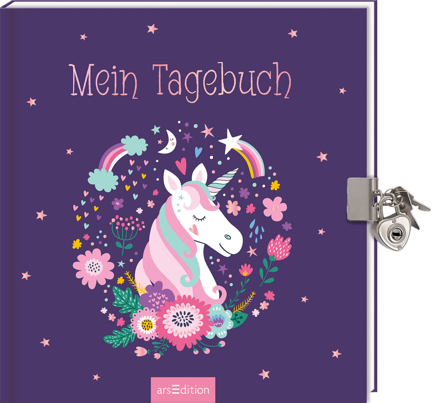 Das Buchcover zeigt einen lila Hintergrund mit dem Titel „Mein Tagebuch“ in verspielter, weißer Schrift. In der Mitte befindet sich ein niedliches, lächelndes Einhorn mit einer rosa Mähne und einem glitzernden Horn, umgeben von bunten Blumen und kleinen, zarten Sternen. Regelmäßige Regenbogen und der Mond runden die fantasievolle Gestaltung ab. Ganz unten mittig steht der Logoschriftzug von arsEdition.