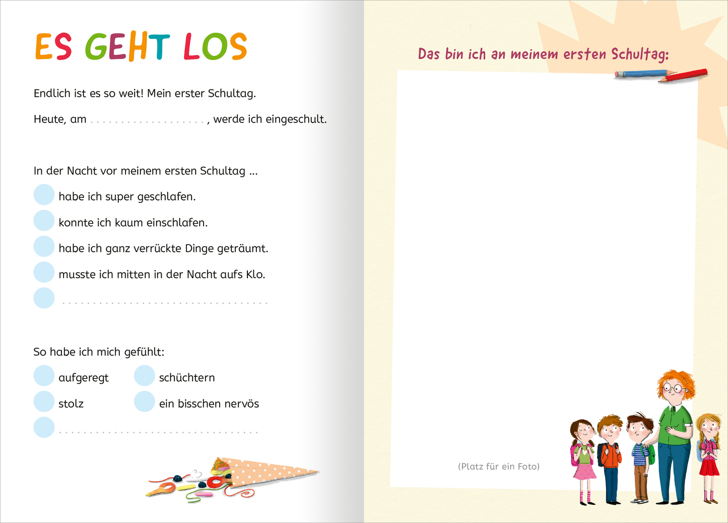 Gezeigt wird eine Innenansicht von „Mein erster Schultag“. Die Seite ist hell und bunt gestaltet, mit dem Titel „ES GEHT LOS“ in verspielter, farbiger Schrift. Darunter stehen Textfelder mit Fragen zu den Gefühlen und Erlebnissen am ersten Schultag, in einer klaren, gut lesbaren Schrift. Auf der rechten Seite befindet sich ein leerer Bereich mit der Überschrift „Das bin ich an meinem ersten Schultag“ sowie Platz für ein Foto, umgeben von bunten, kindlichen Illustrationen, die...