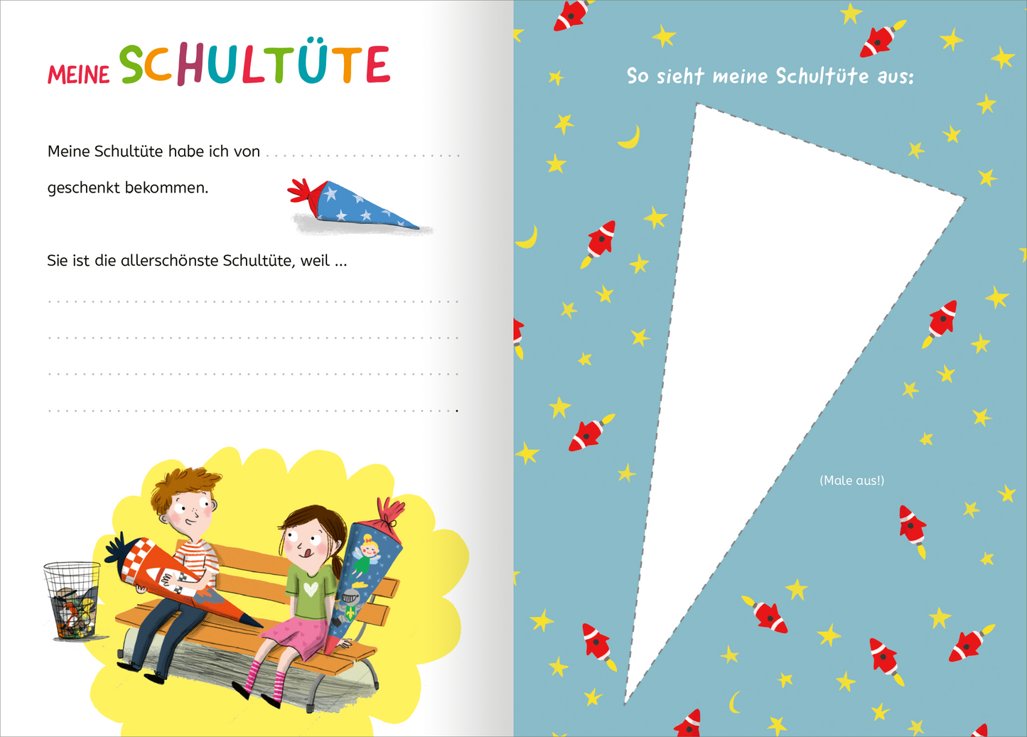Gezeigt wird eine Innen- oder Zusatzansicht von „Mein erster Schultag“. Die linke Seite zeigt den Titel „MEINE SCHULTÜTE“ in bunten Großbuchstaben. Darunter befinden sich Zeilen zum Ausfüllen mit einem süßen, cartoonhaften Bild eines Jungen und Mädchens auf einer Bank, die jeweils eine Schultüte halten. Die rechte Seite ist in sanften Blautönen gehalten und zeigt eine große, weiße, unbeschriftete Schultüte sowie kleine, bunte Sterne und Raketen als Hintergrundmuster.